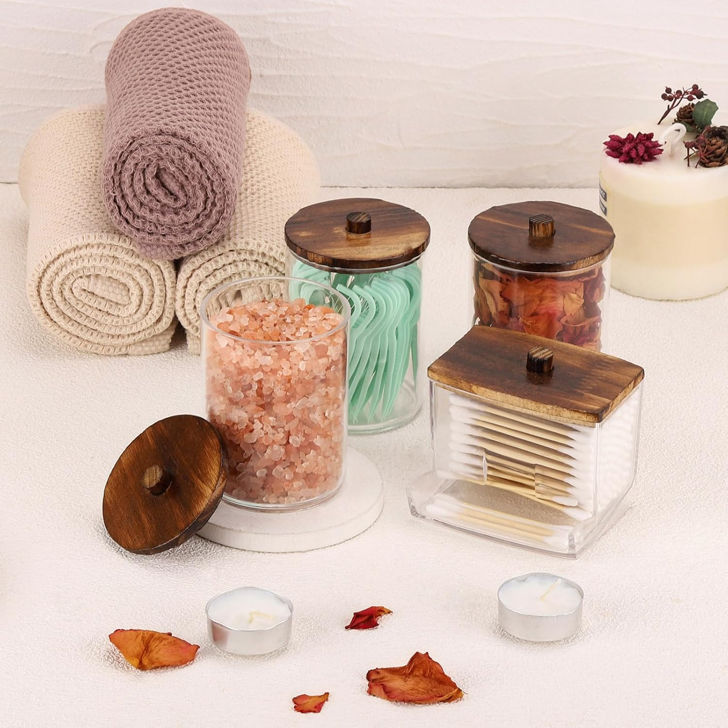 Tbestmax 4 Pack Cotton Ball Dispenser with Bamboo Lids Brown