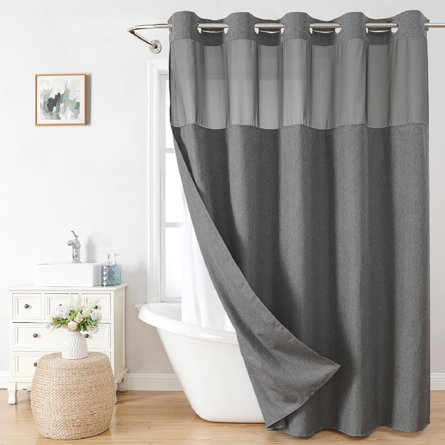 Linen Textured Shower Curtain Set with Snap-in Liner Charcoal Grey