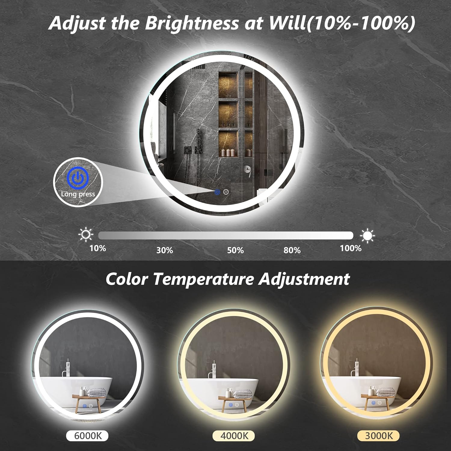 TATU 24 Inch LED Round Backlit Vanity Mirror 1