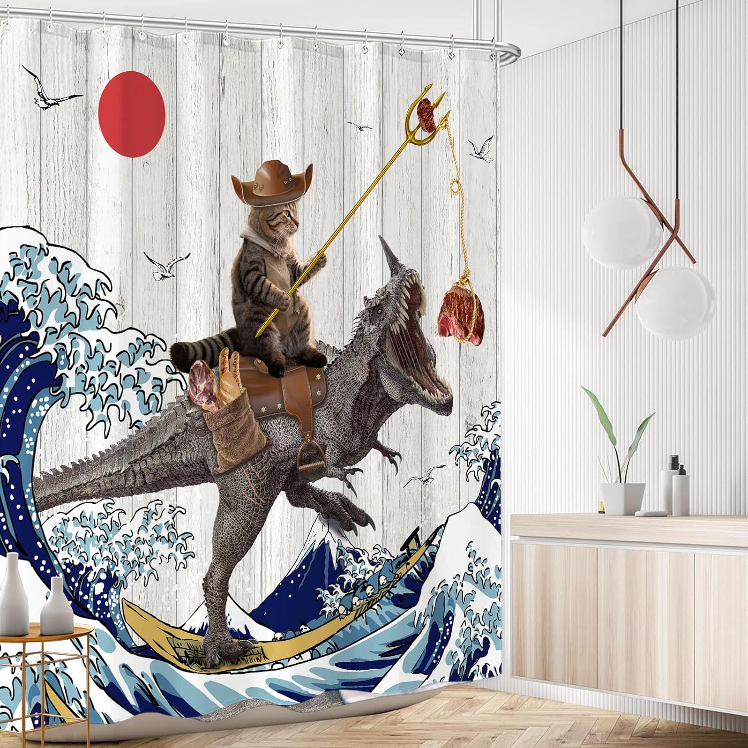 Fowocu Funny Dinosaur Cat Shower Curtain