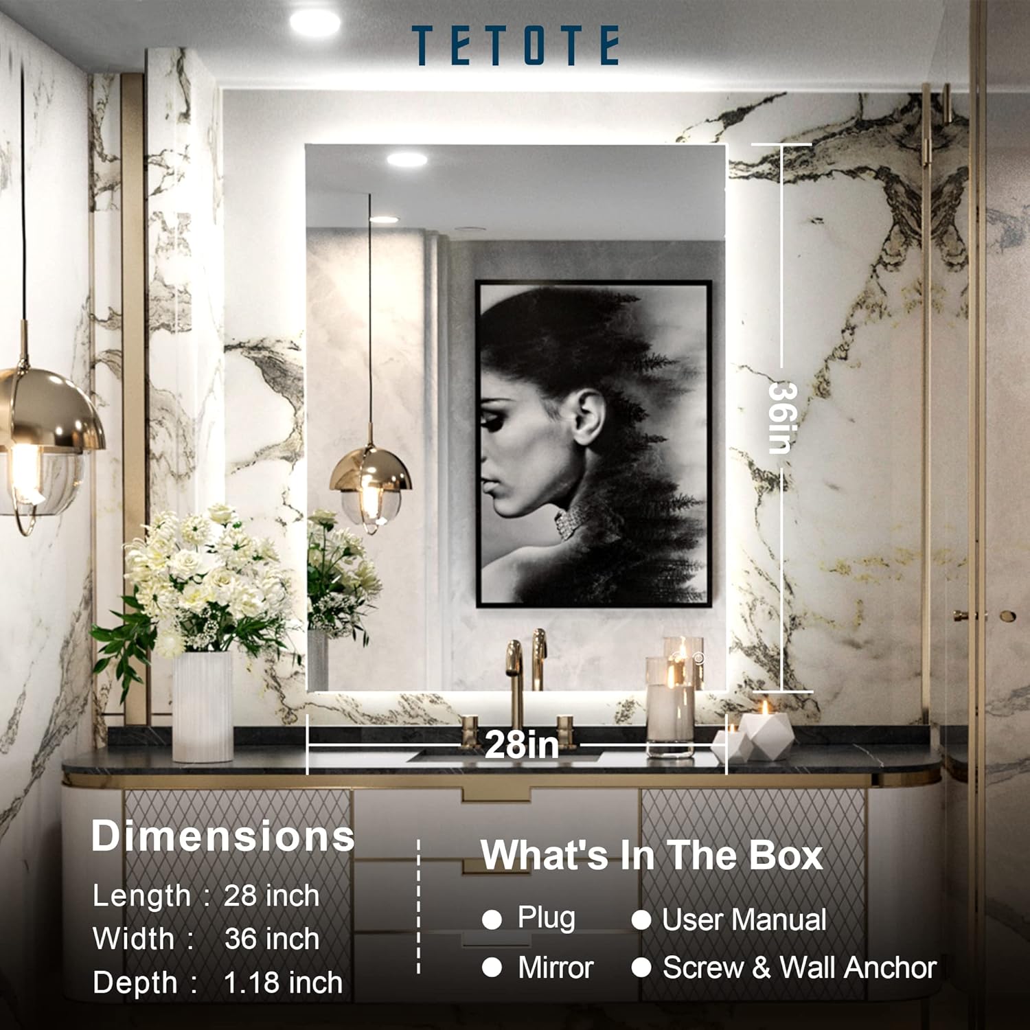 TETOTE 36x28 Inch LED Backlit Mirror with Light and Anti-Fog
