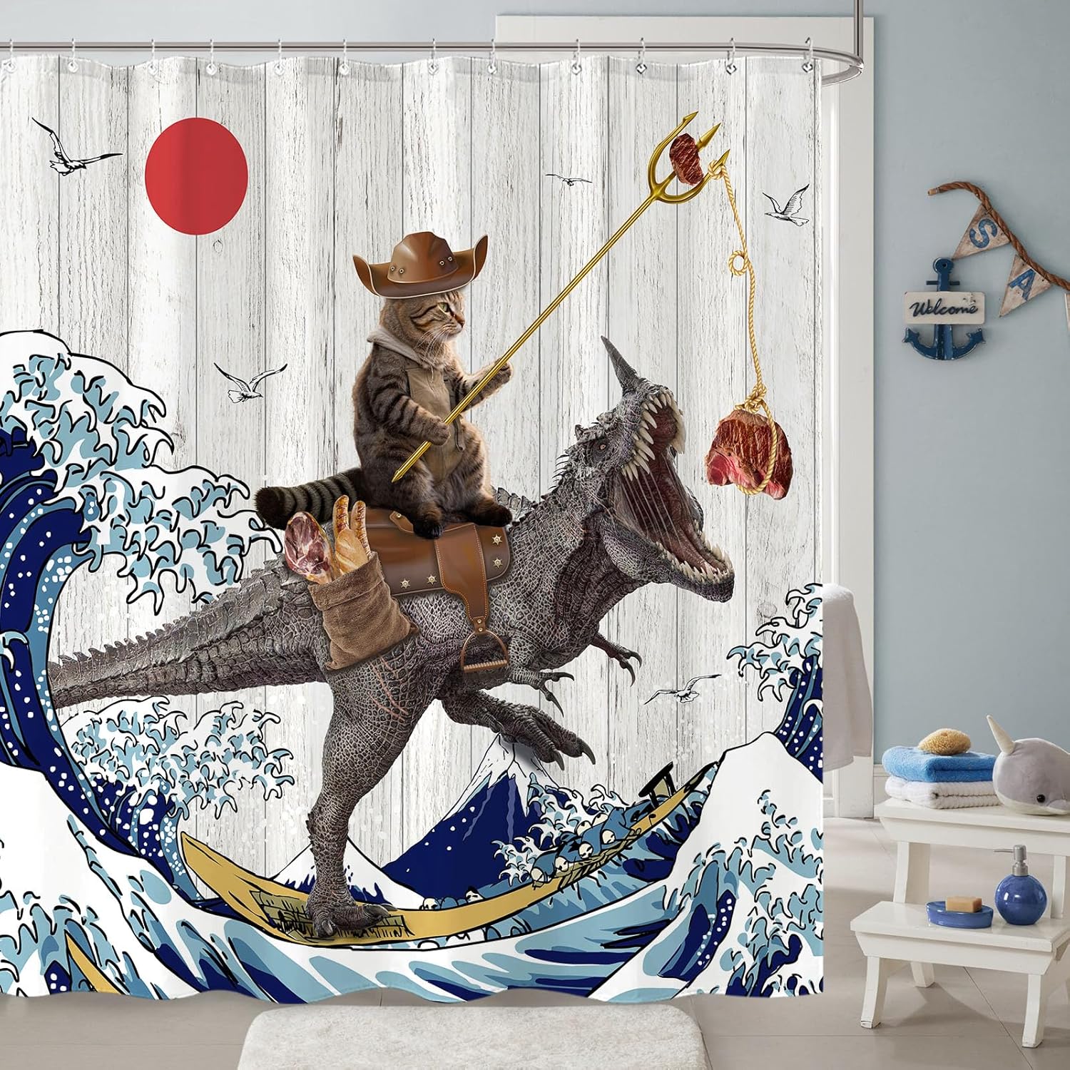 Fowocu Funny Dinosaur Cat Shower Curtain