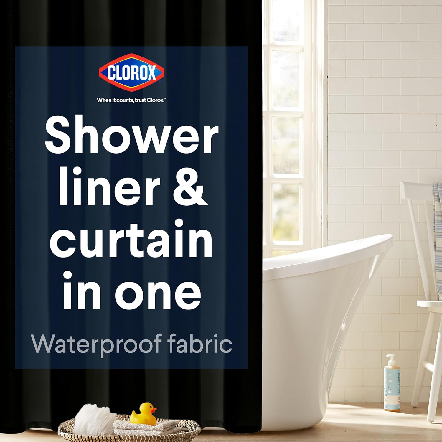 CLOROX 2-in-1 Shower Curtain Liner 72x72 Black Durable Water Resistant