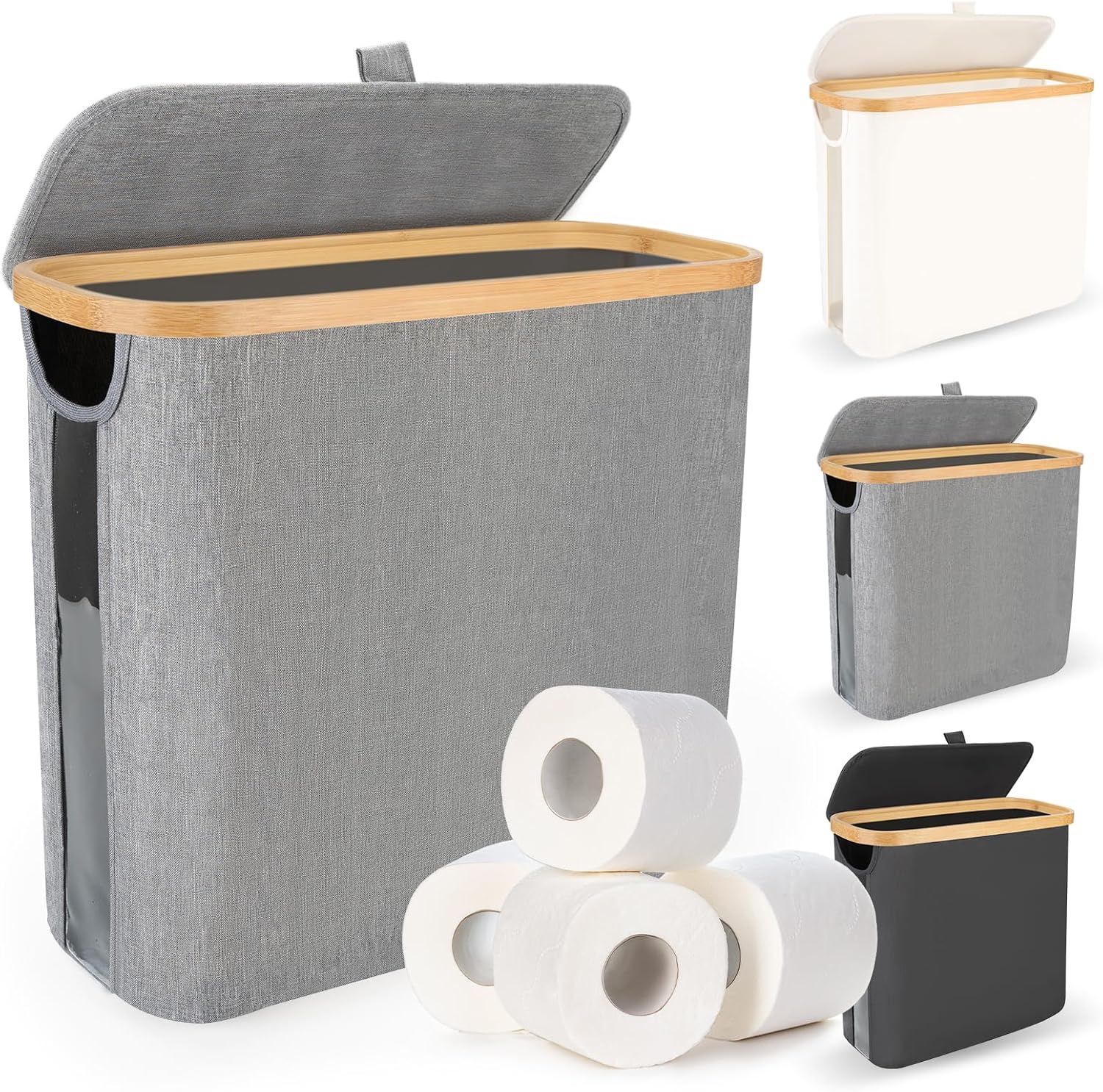 Toilet Paper Storage Basket - 9 Rolls Capacity - Bamboo Holder - Grey