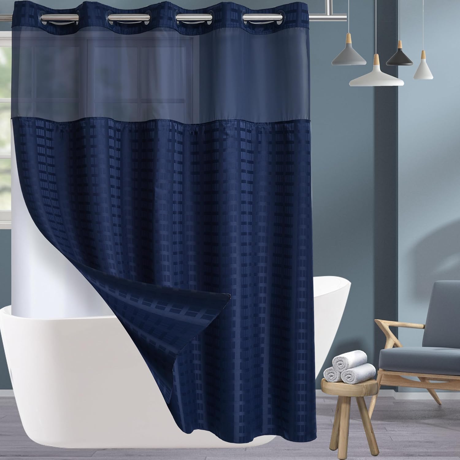 Conbo Mio Check Shower Curtain Liner Navy Blue 71x84