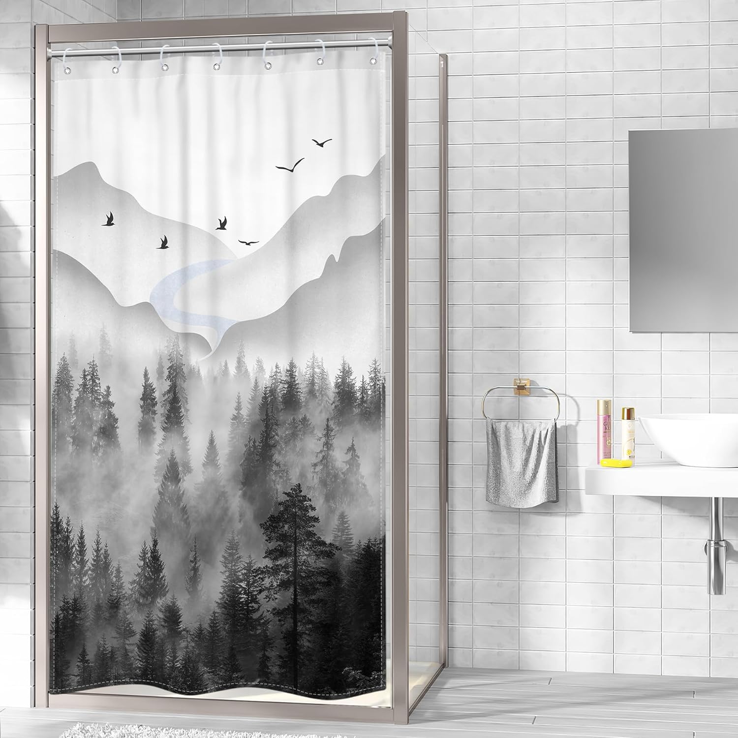 Riyidecor Misty Rainforest Shower Curtain 7 Pack Hooks