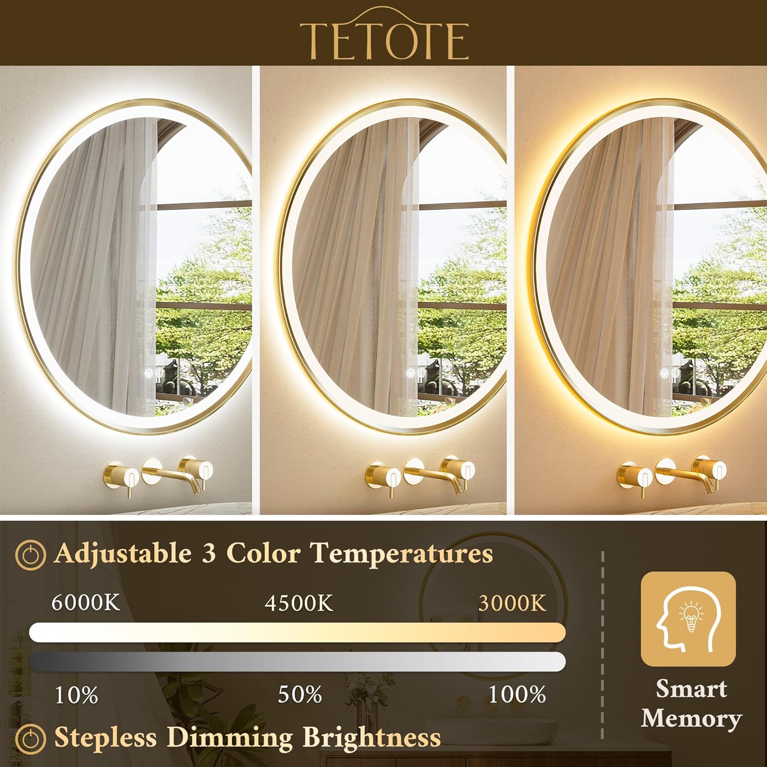 TETOTE 36 Inch Gold Round LED Mirror with Lights and Dimming
