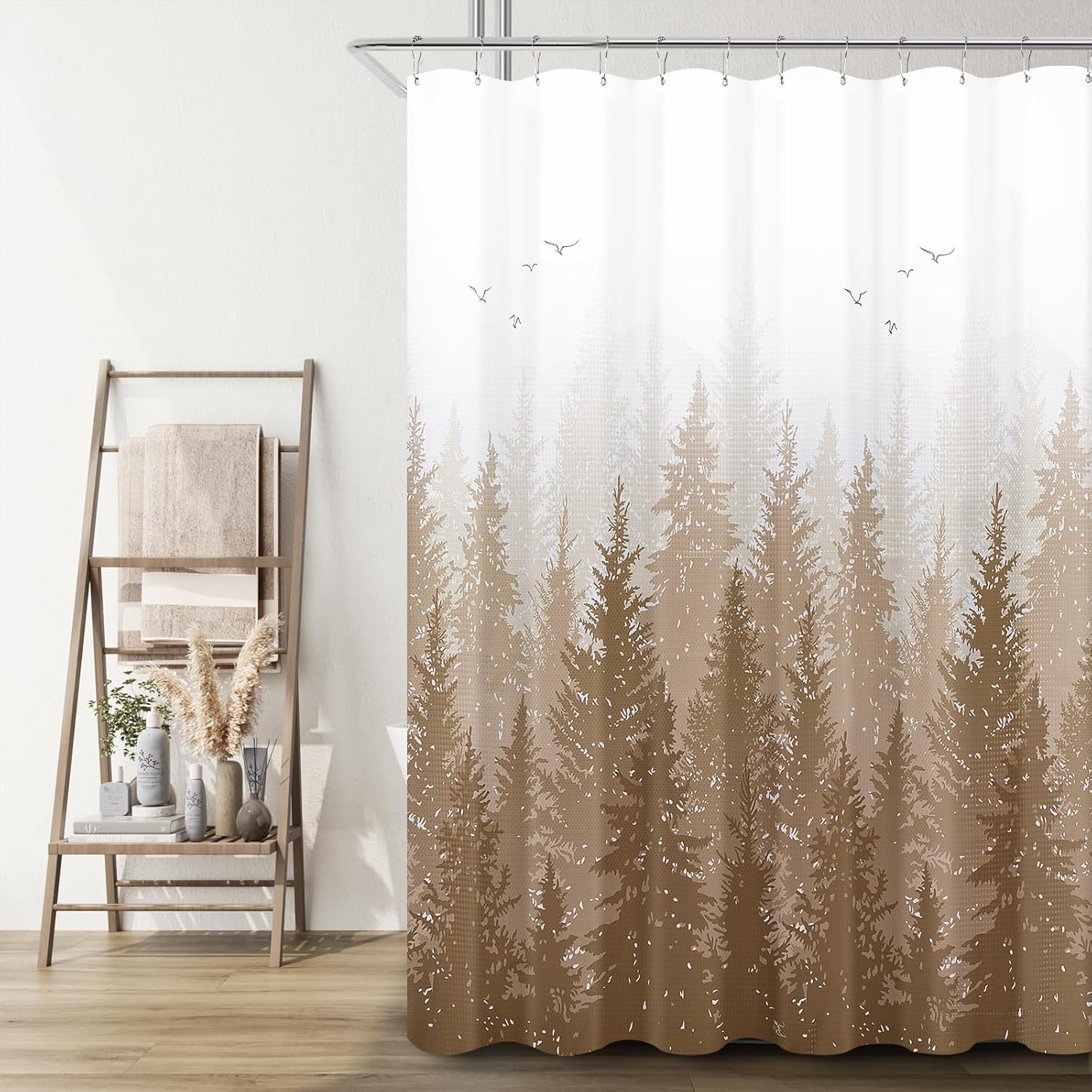 Hokibero Brown Misty Forest Mountain Nature Tree Fabric Shower Curtain 72x78