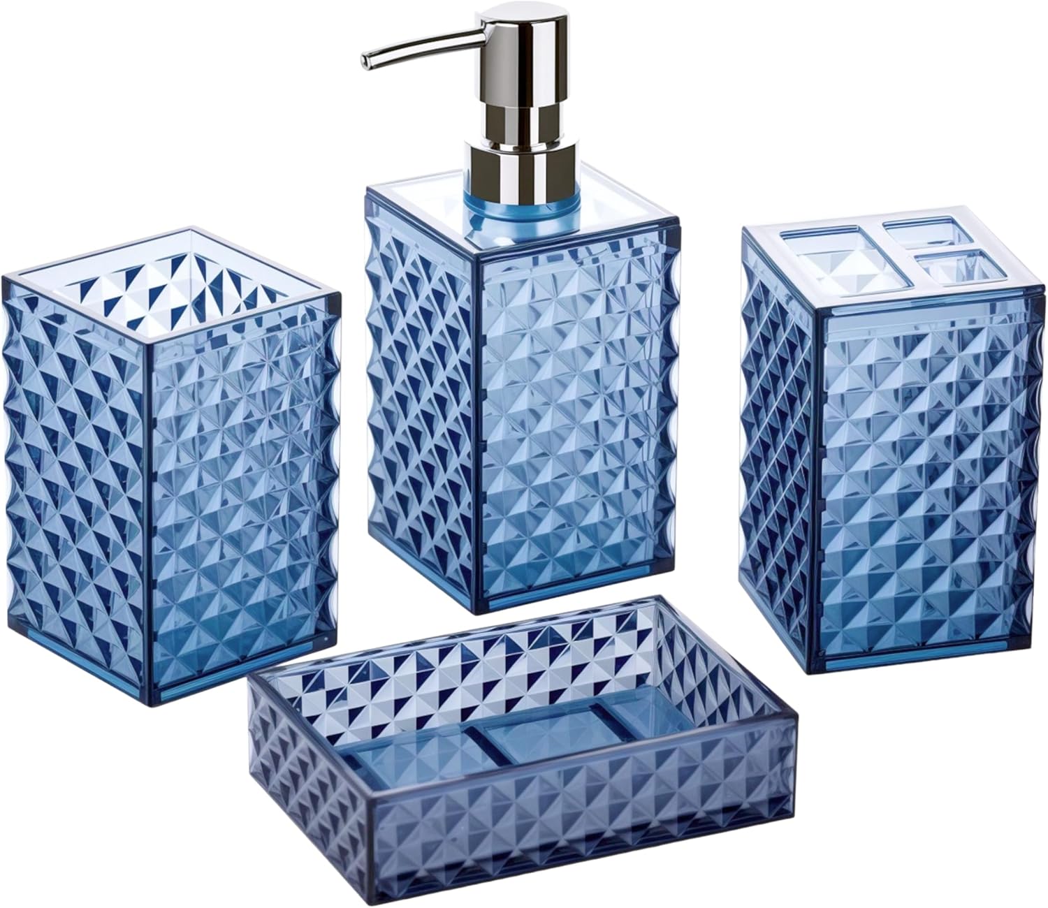 Blue Bathroom Accessories Set 4PCS Dark Navy Diamond Pattern