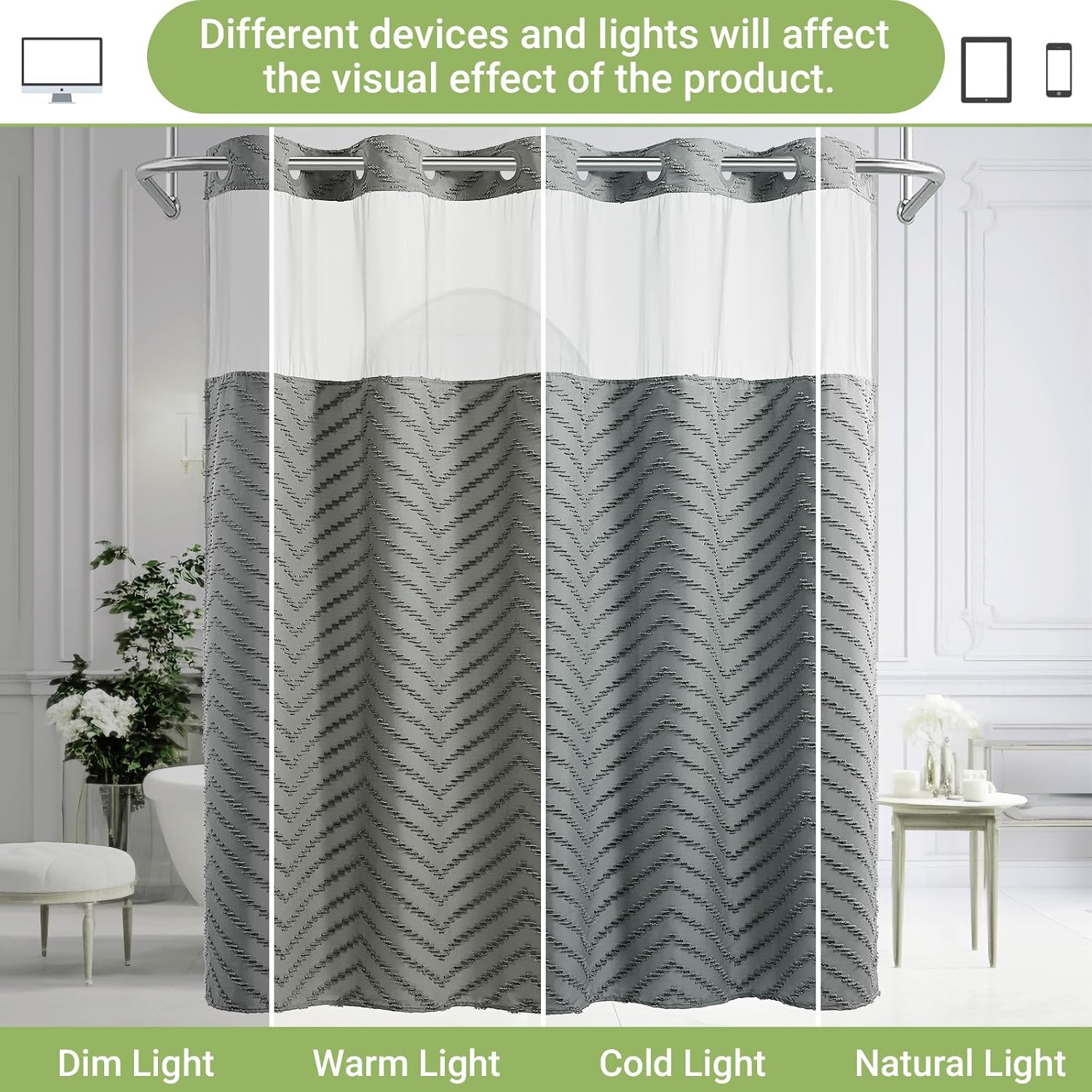 WONICY 3-in-1 Shower Curtain Set with Liner Grey 71x74 Inches