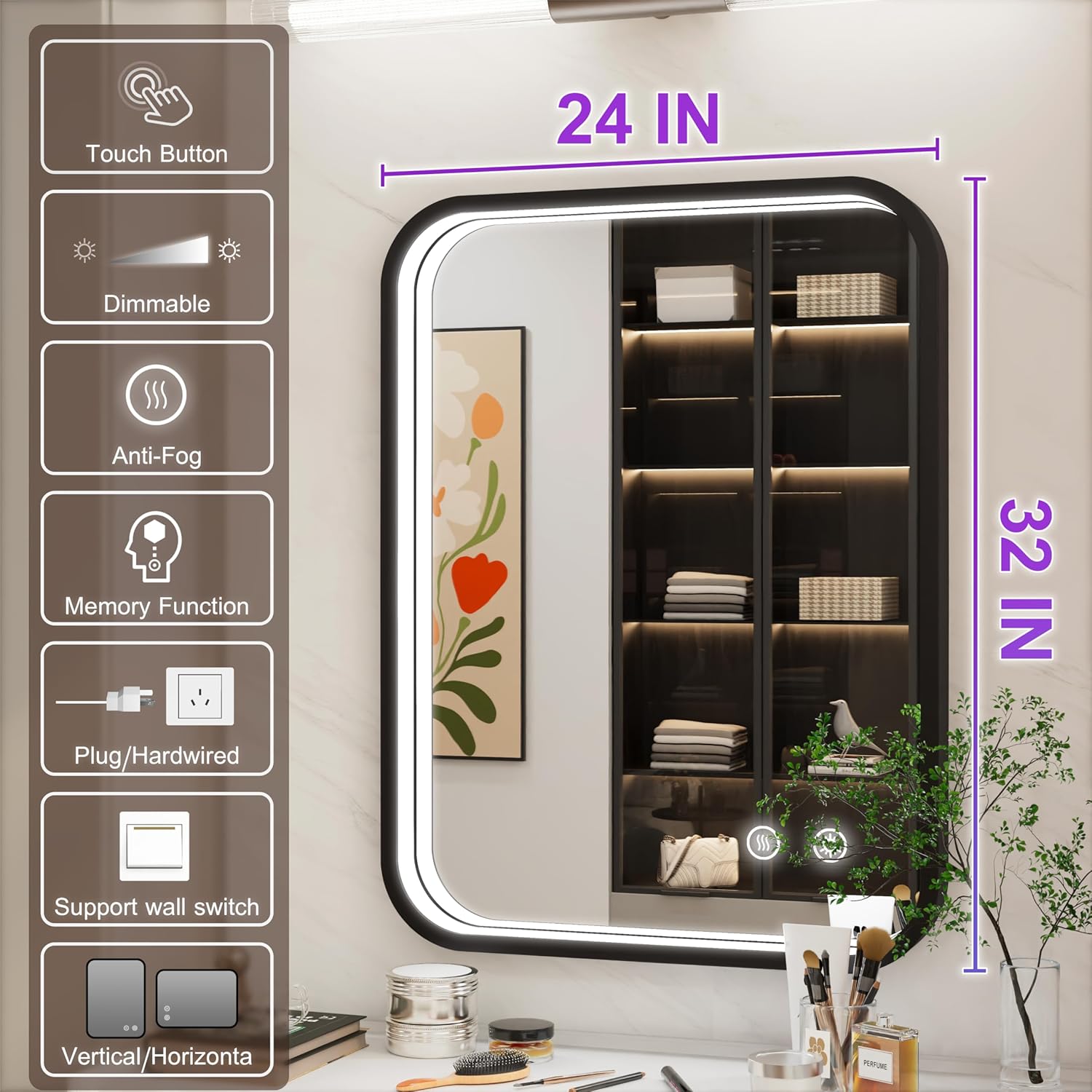 24x32 Inch Dimmable LED Mirror with Anti-Fog and Frame