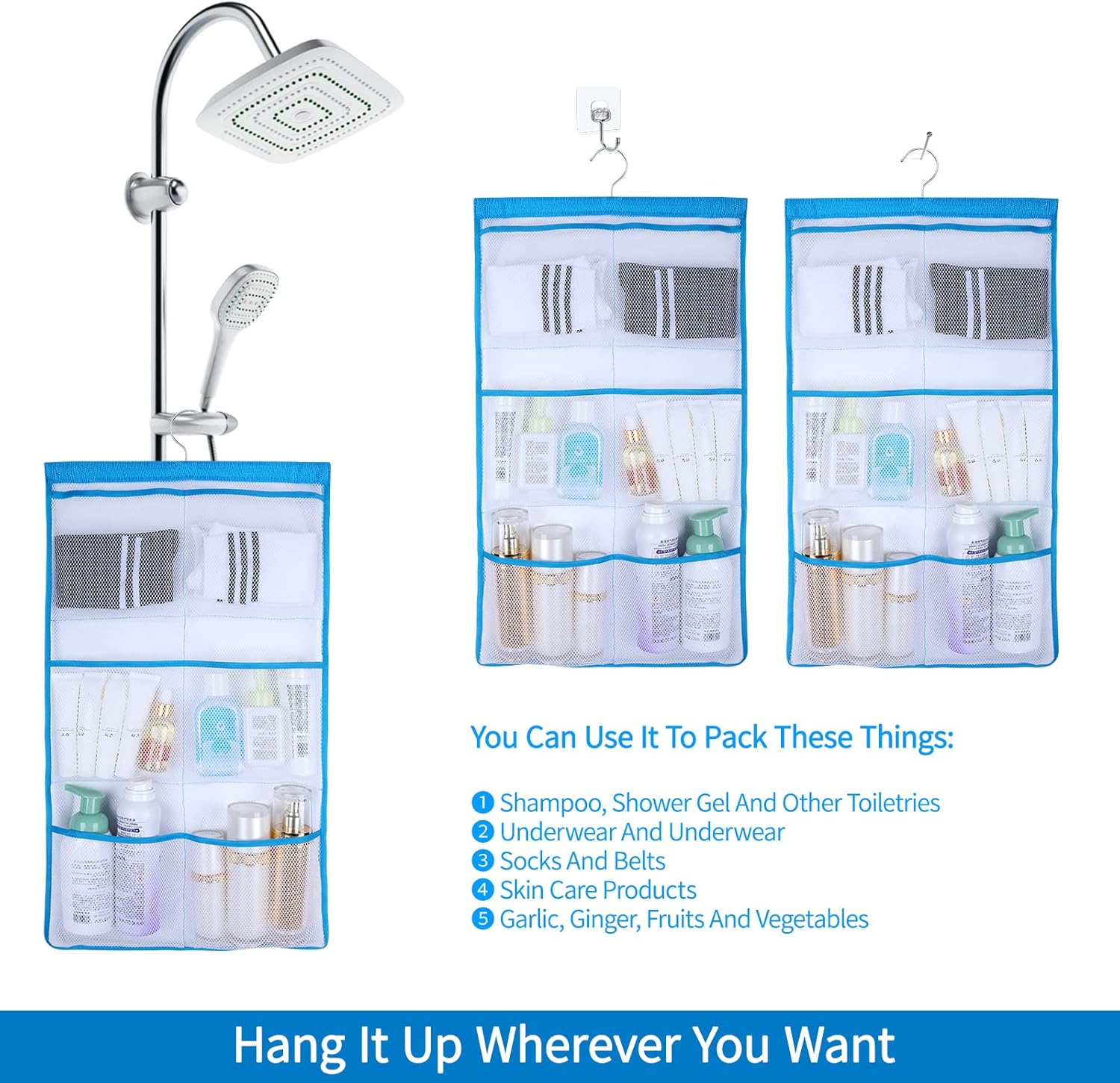 6 Storage Pockets Hanging Mesh Shower Caddy Blue 1