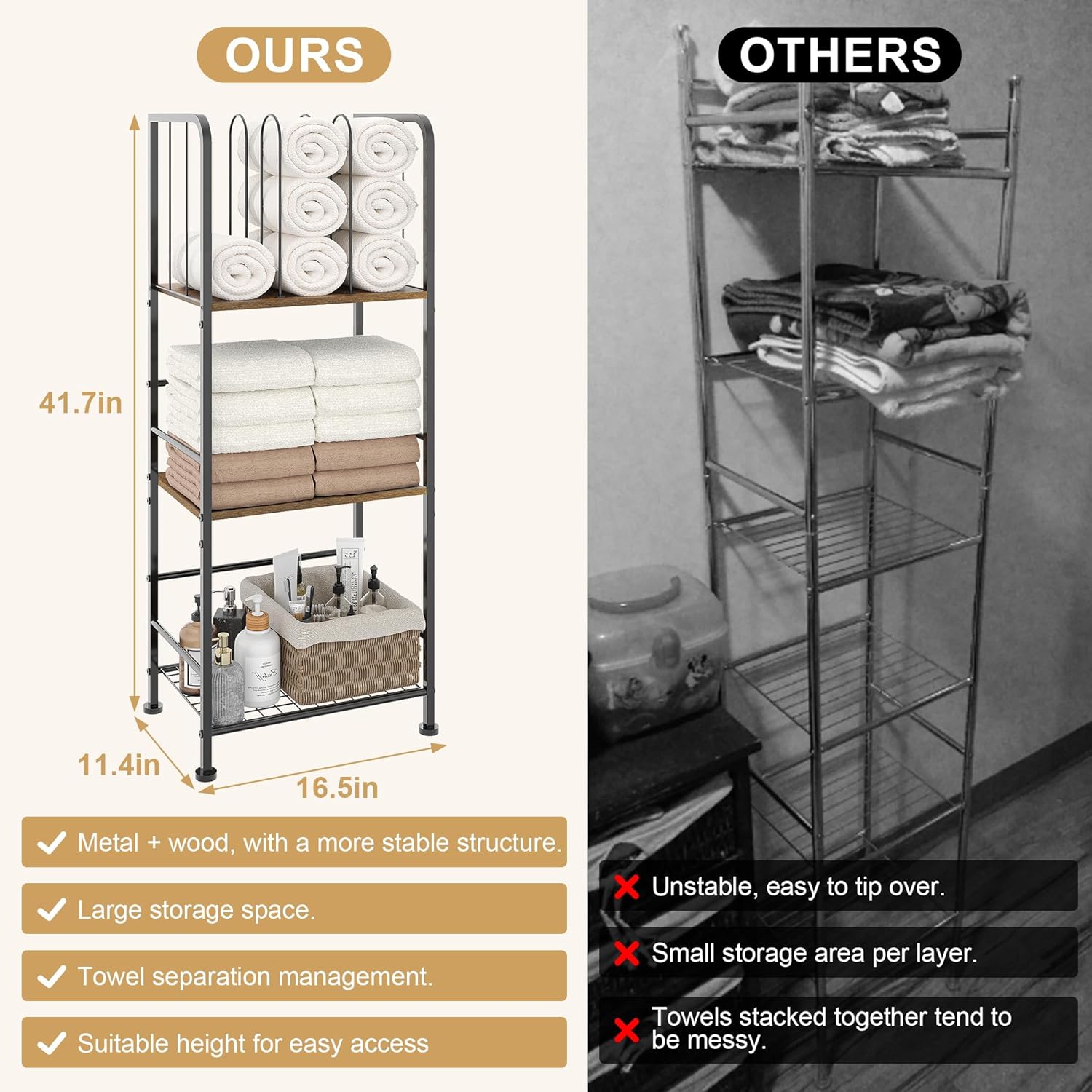 Jautokerdar 3-Tier Durable Metal Towel Rack with Detachable Dividers