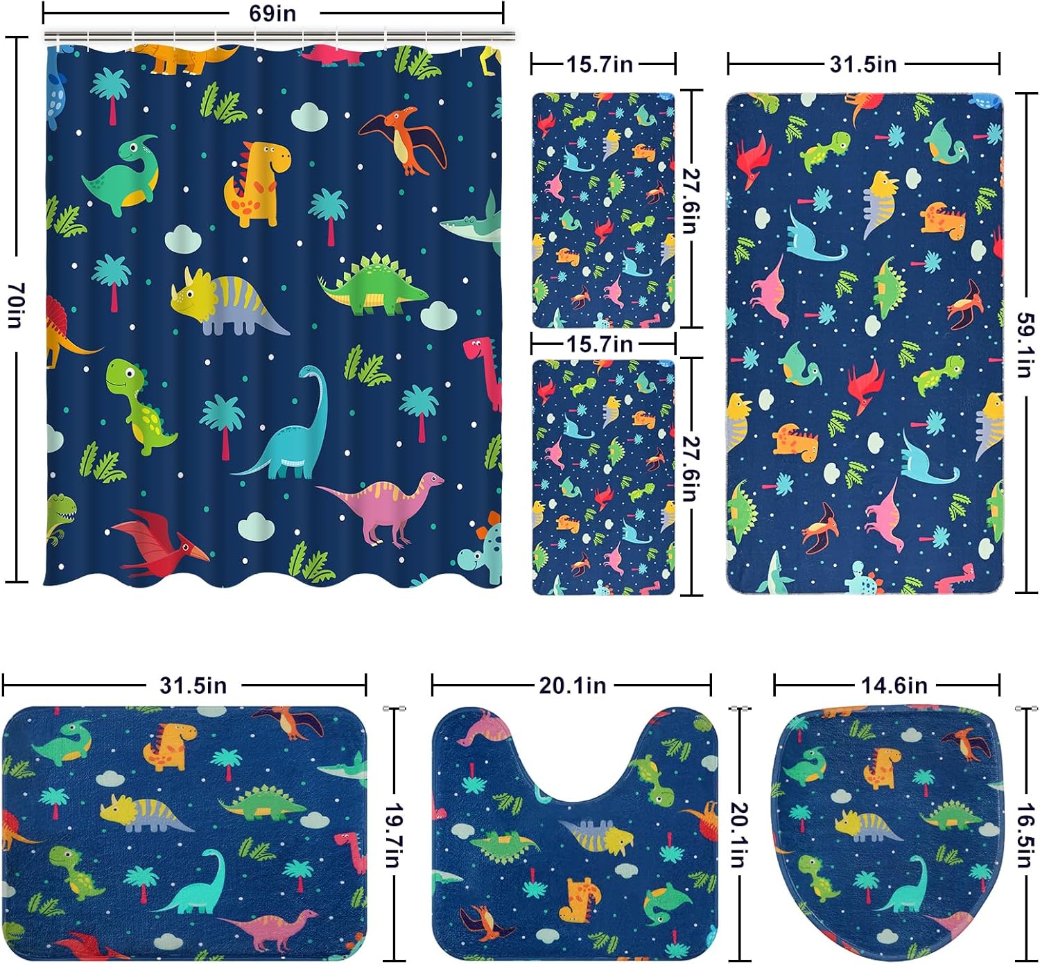 Ikfashoni 7 Pcs Dinosaur Bath Set with Non-Slip Rug and Towels