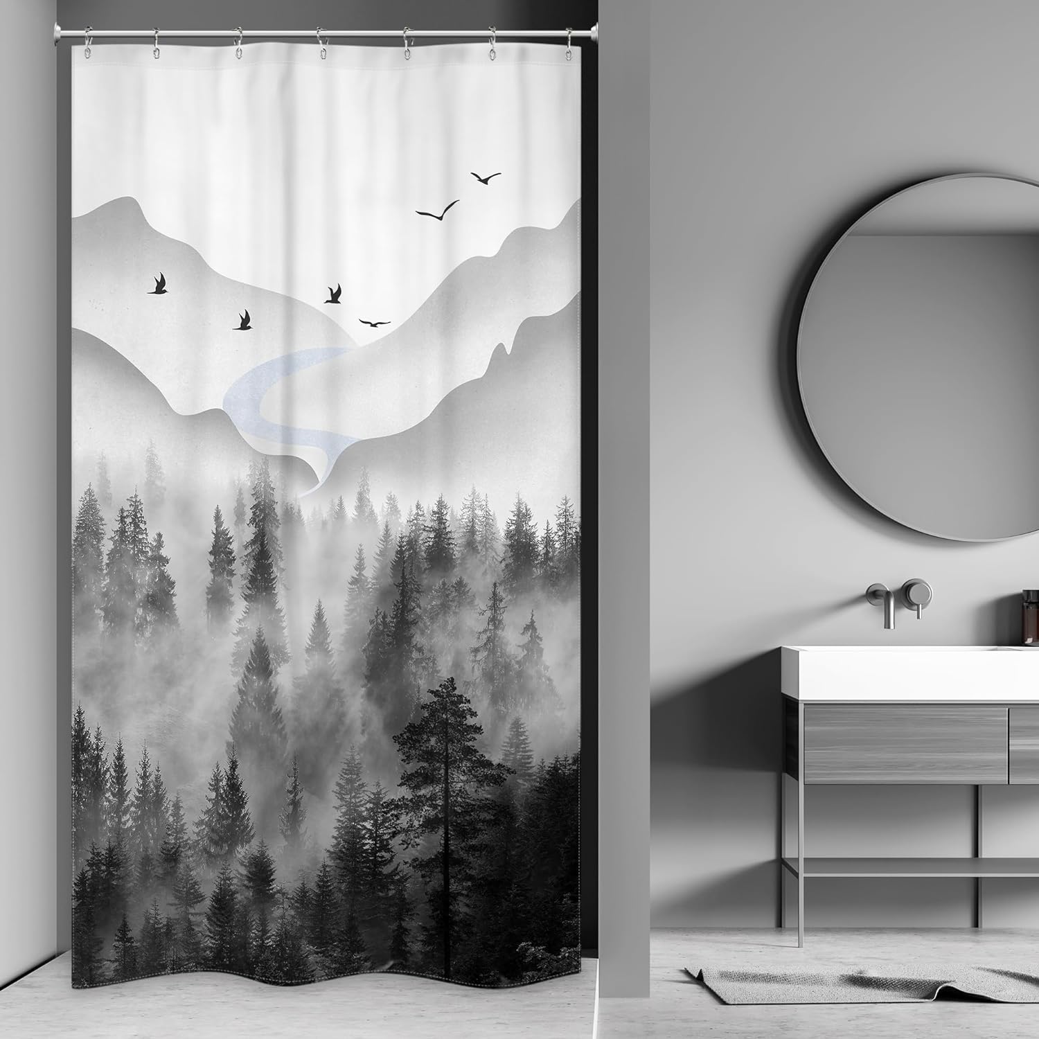Riyidecor Misty Rainforest Shower Curtain 7 Pack Hooks