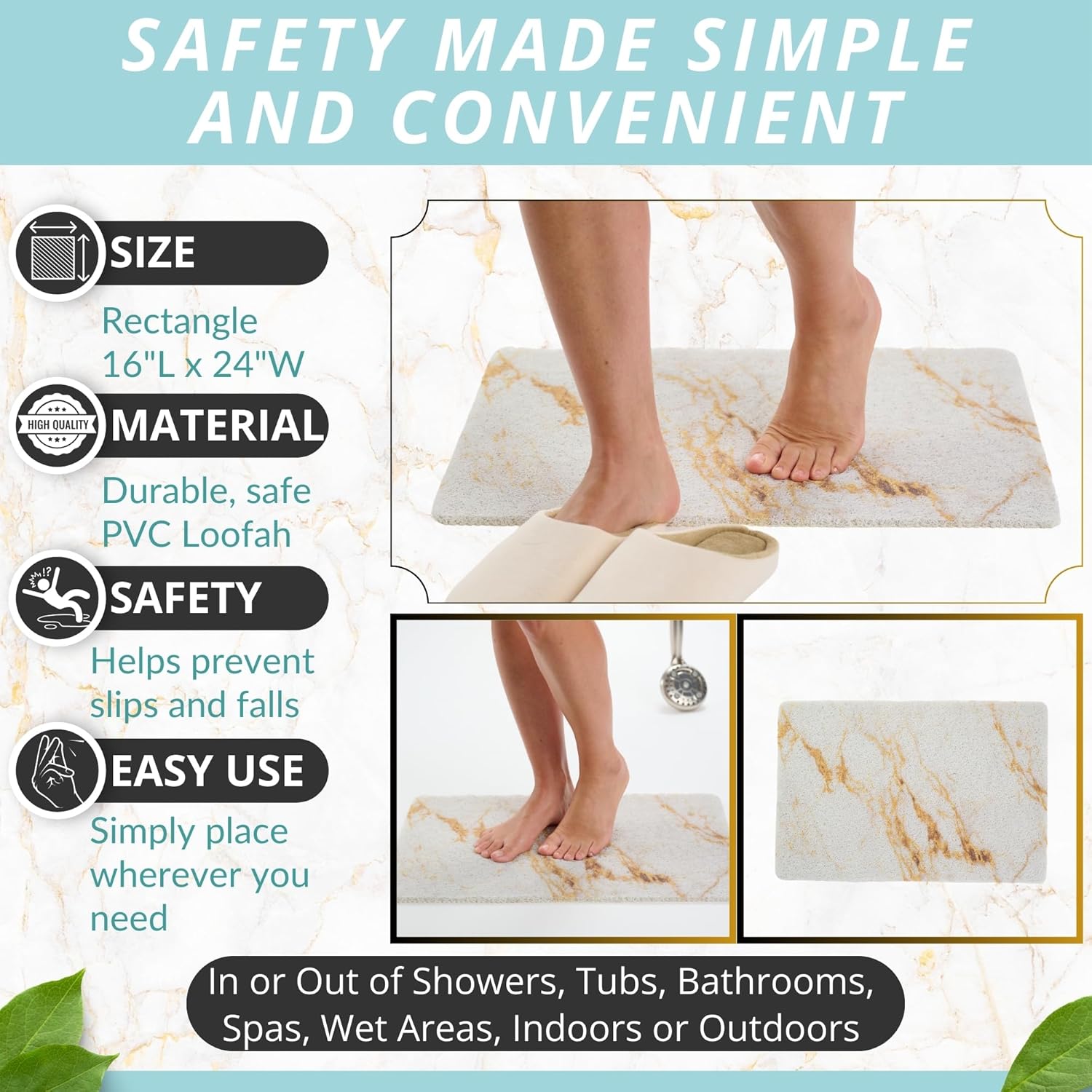 Enkosi Loofah Non-Slip Shower Mat - Marble White Gold 24x16