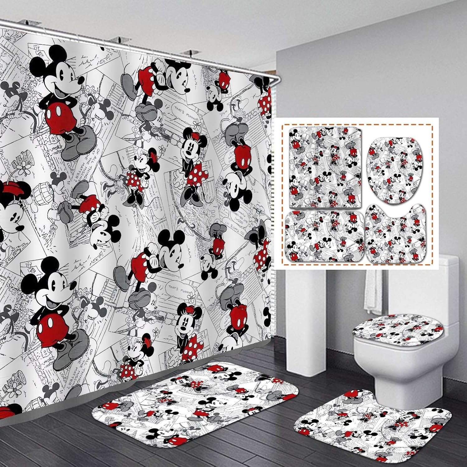 4Pcs Shower Curtain Set with Non-Slip Rugs and Bath Mat