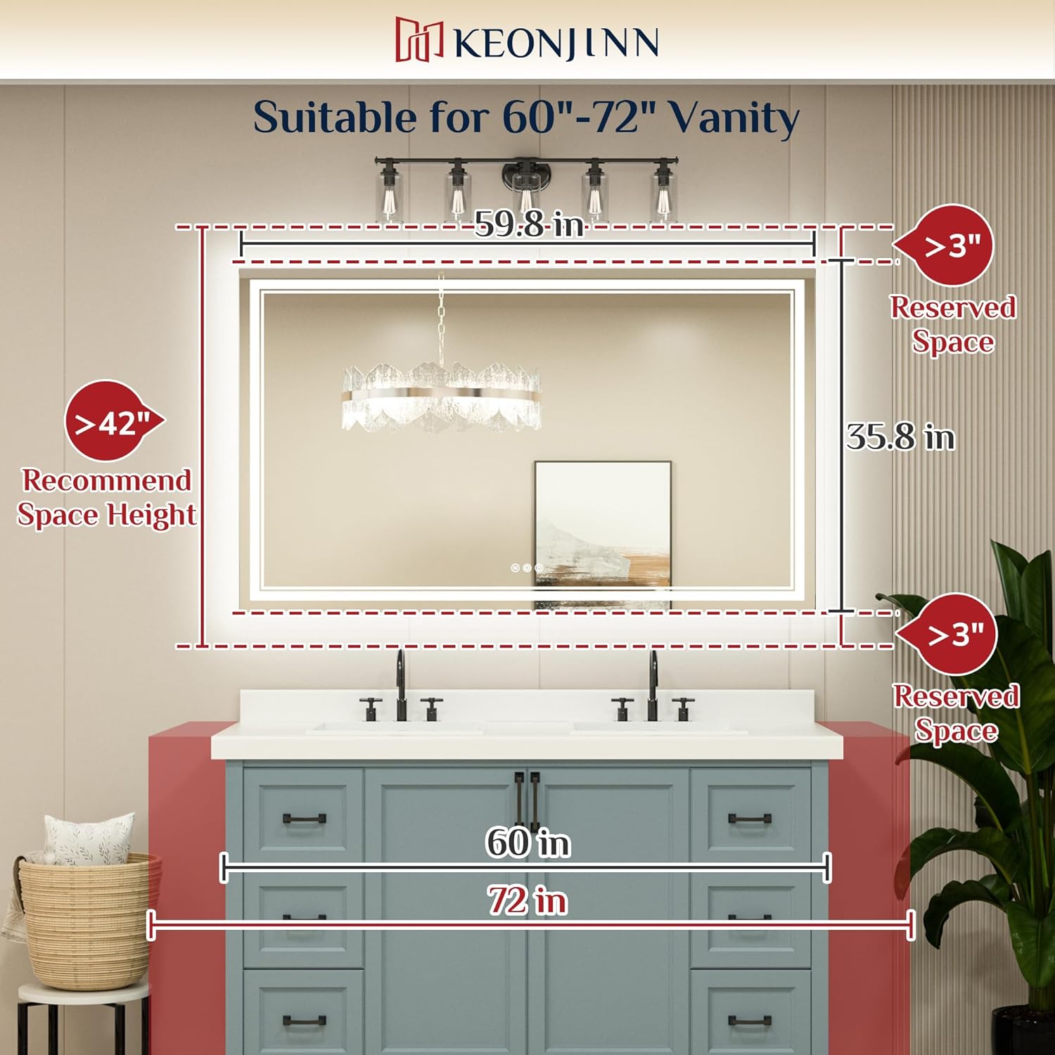 Keonjinn 60 x 36 LED Bathroom Mirror with Frontlit and Backlit