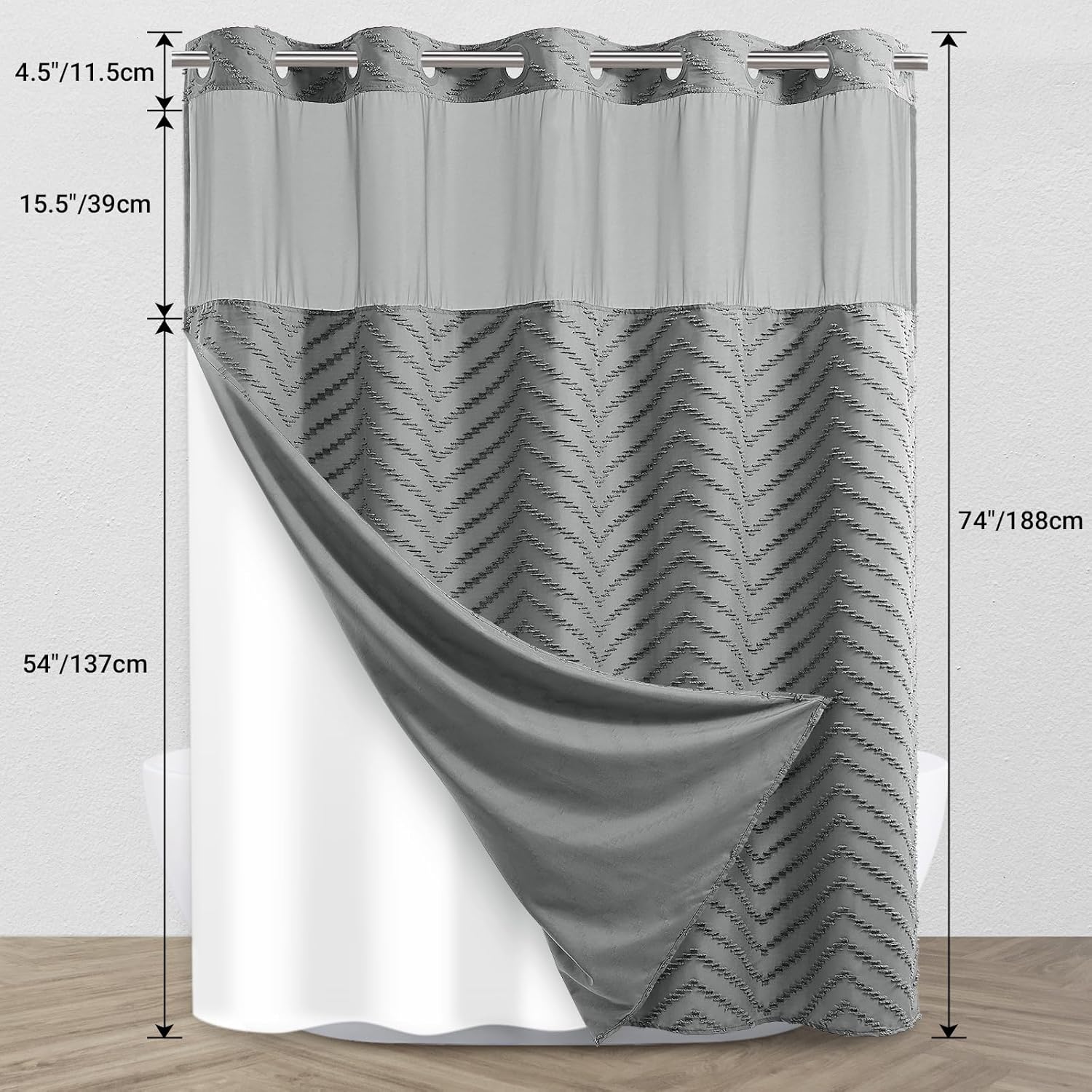 WONICY 3-in-1 Shower Curtain Set with Liner Grey 71x74 Inches