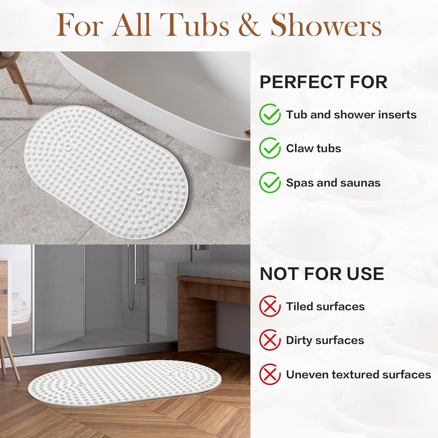 Joiyota Silicone Bath Mat Oval Non-Slip with 27x15 Inches