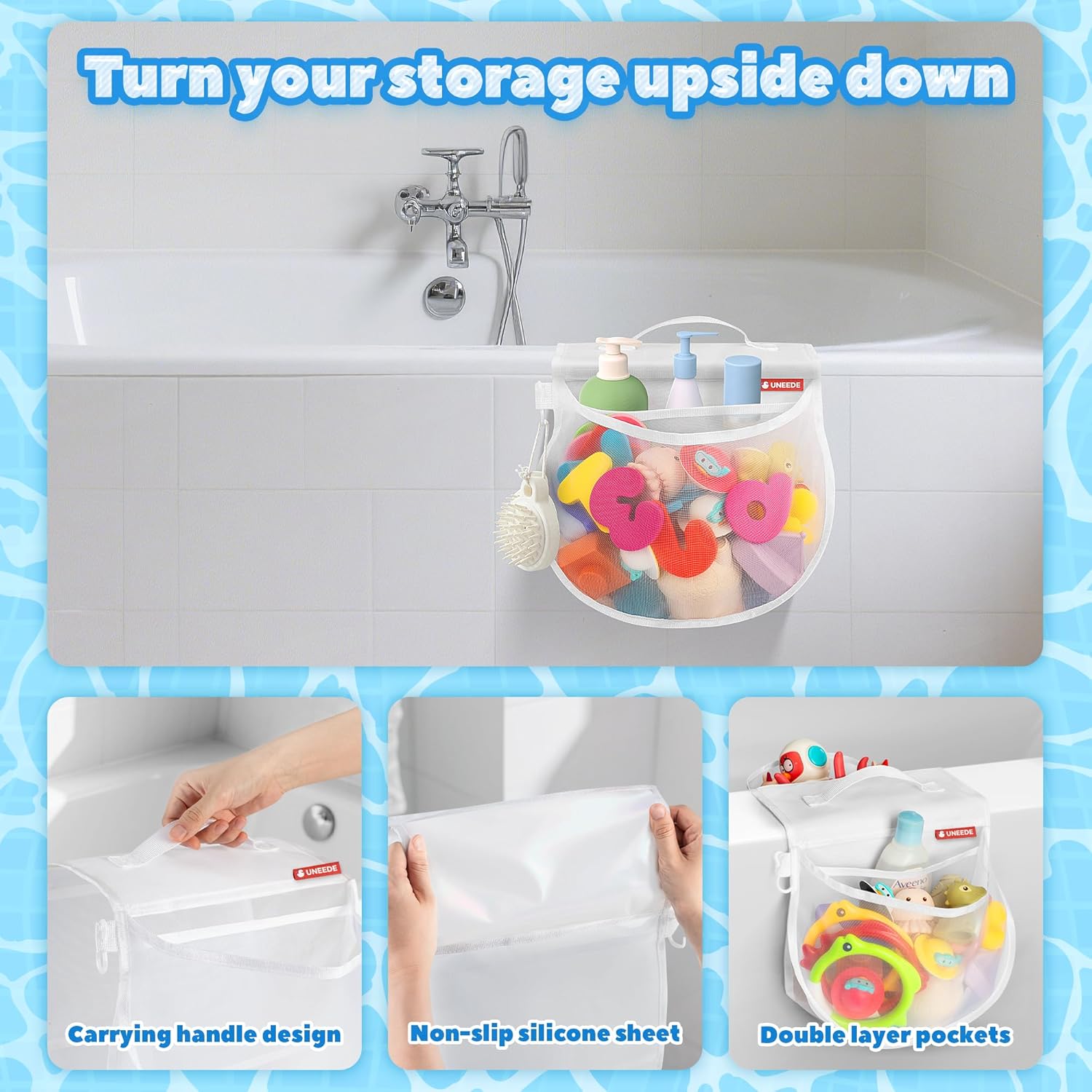 UNEEDE Bathtub Toy Organizer with Grip and Pockets