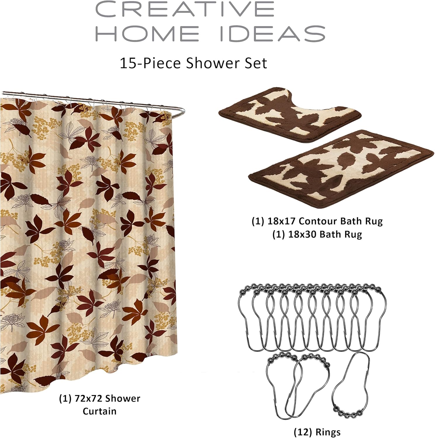 Creative Home Ideas 15-Piece Shower Set 72x72 Blowing Leaves Chocolate