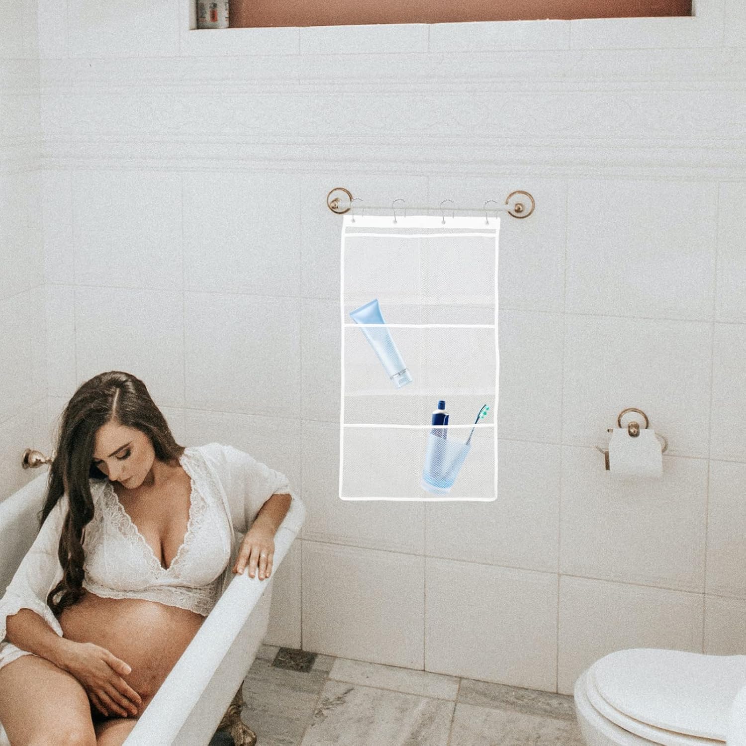 OUNONA Shower Organizer Mesh Bag with 6 Pockets
