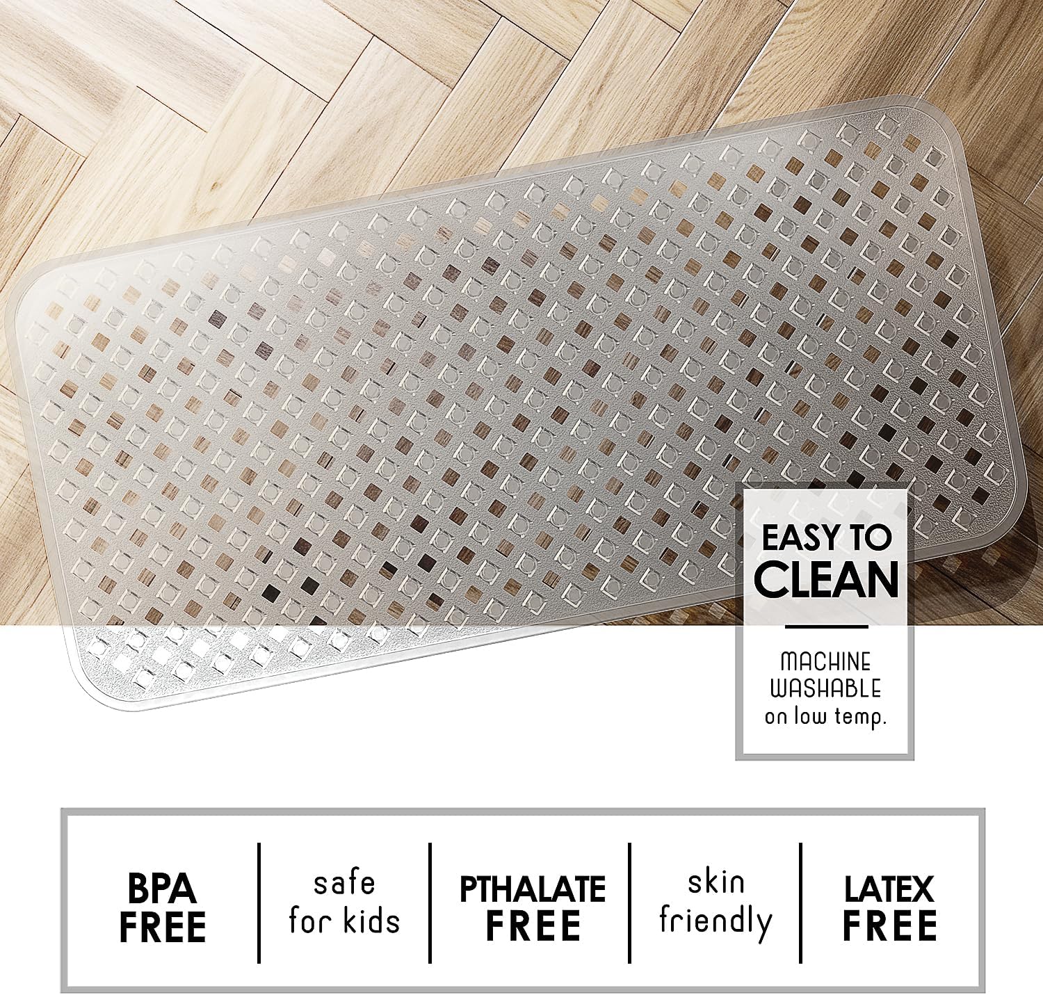 Clara Clark Non Slip Bath Mat 35x16 with Suction Cups and Drainage Holes