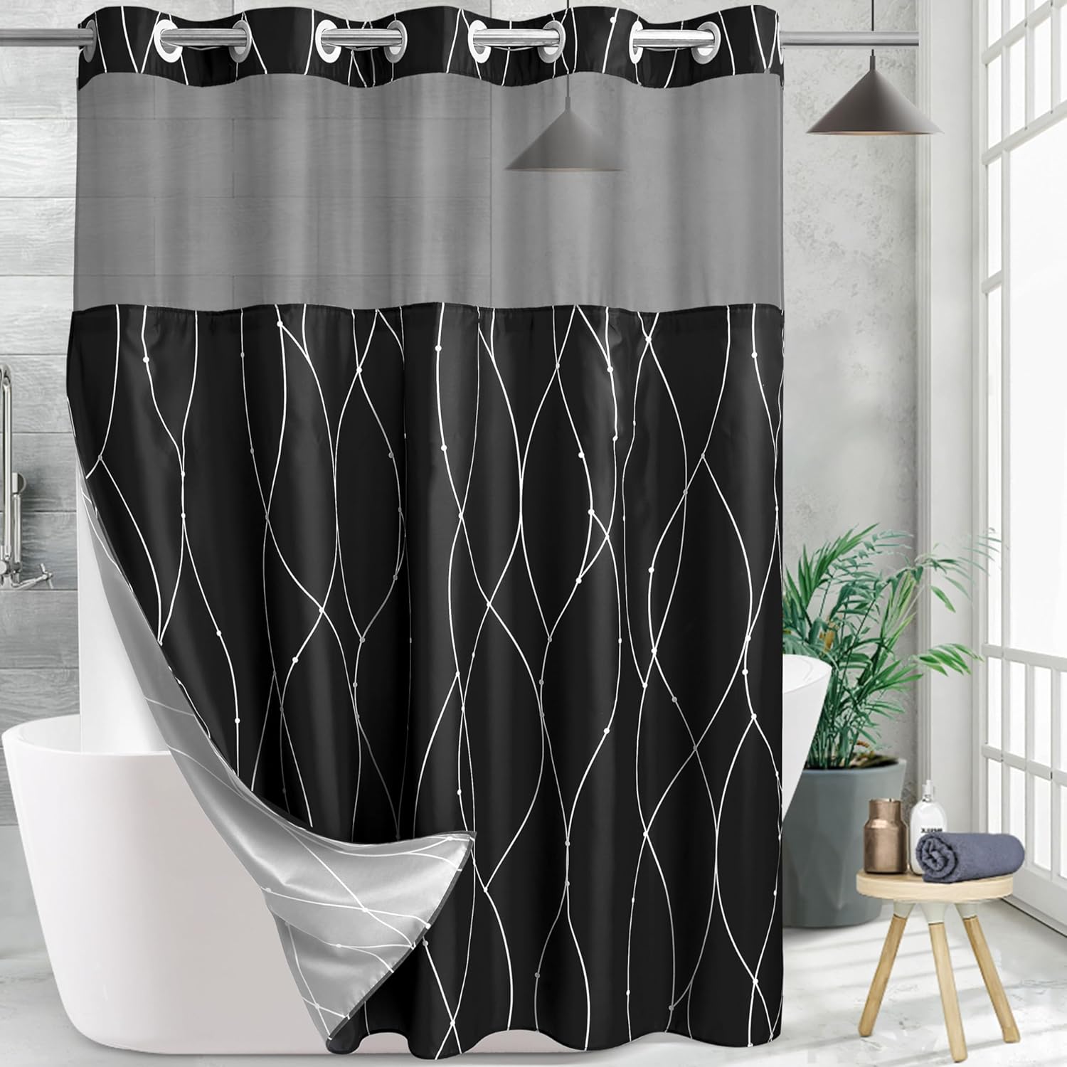 KONZENT Black White Striped Shower Curtain with Snap-In Liner