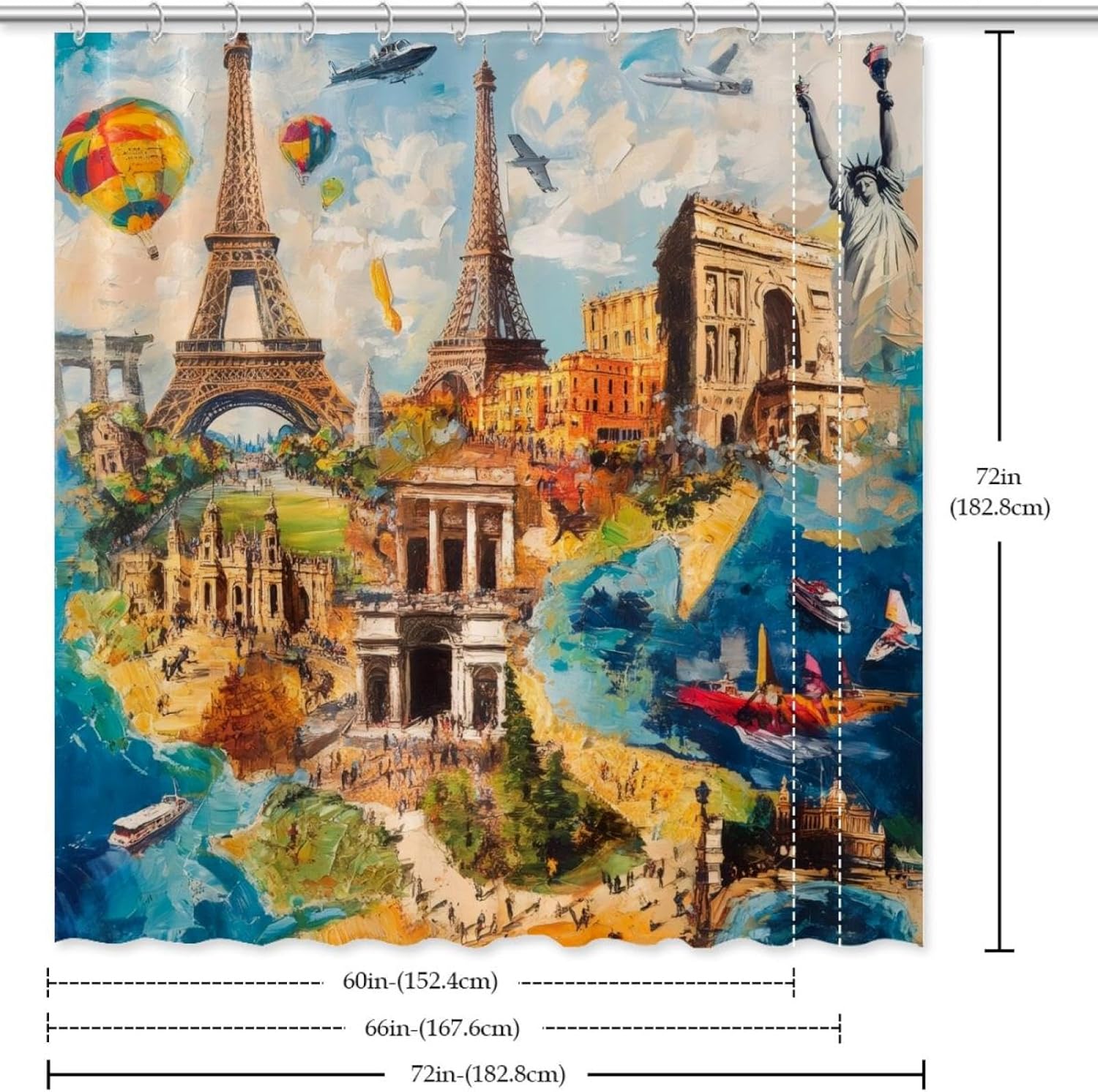 VAPOKF Travel Building Pattern Shower Curtain Set with 12 Hooks - 72x72 Inches