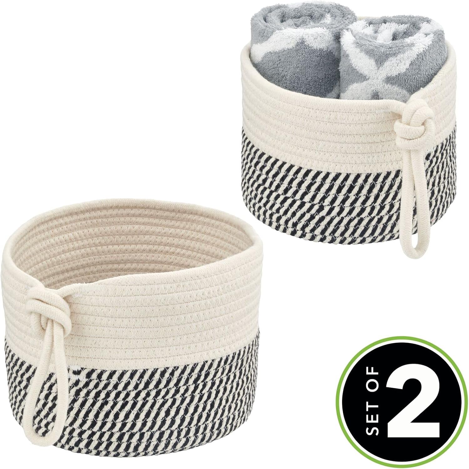 mDesign Casual Round Woven Cotton Rope Bathroom Basket Set - 2 Piece BlackWhite