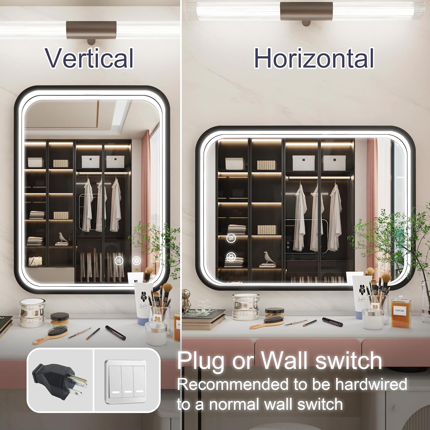 24x32 Inch Dimmable LED Mirror with Anti-Fog and Frame
