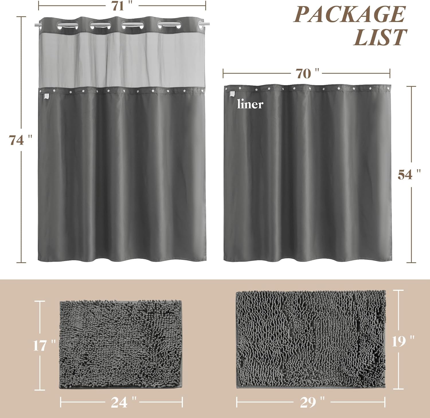 Barossa Design No Hook Shower Curtain Set with Rugs - Grey