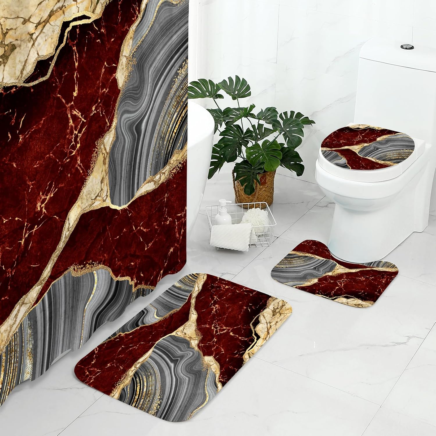 Gibelle 4 Pcs Marble Shower Curtain Set