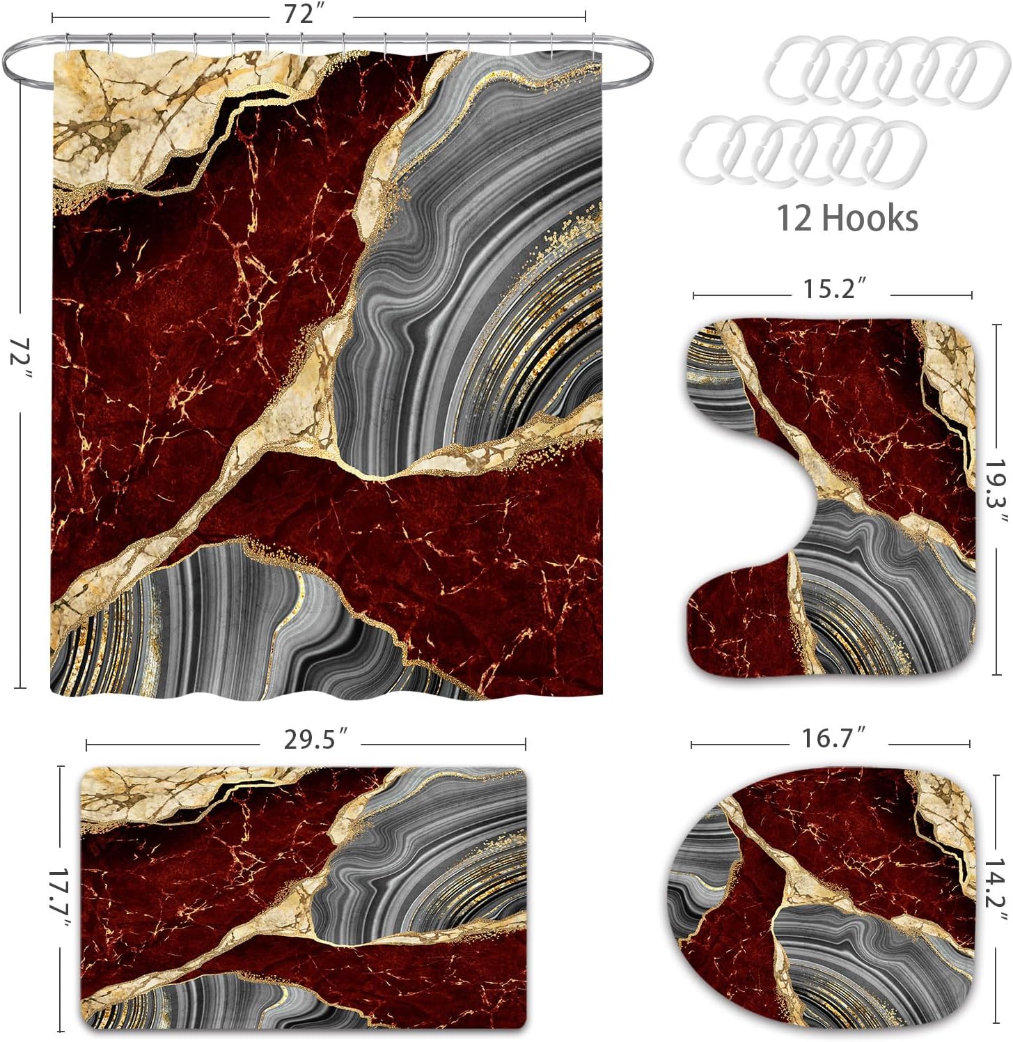 Gibelle 4 Pcs Marble Shower Curtain Set
