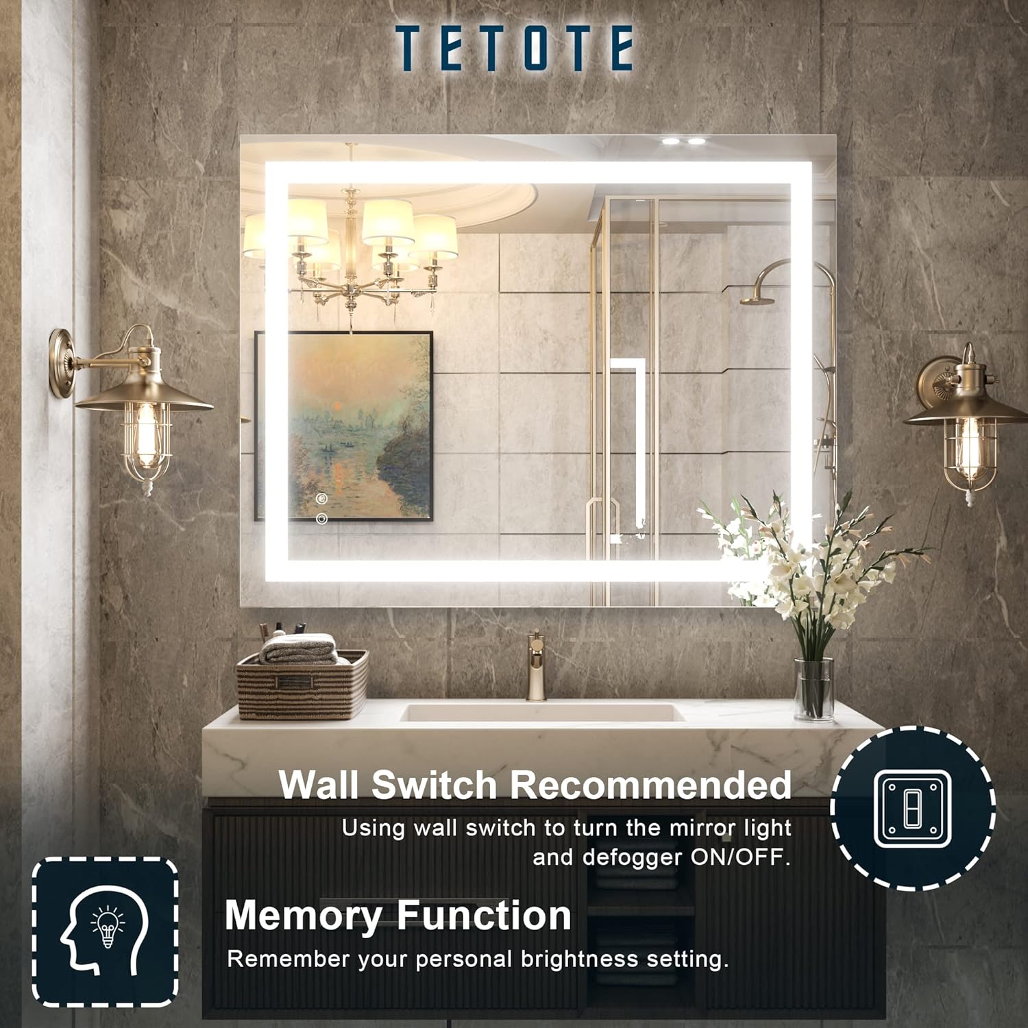 TETOTE 30x36 LED Vanity Mirror with Dimmable Lights and Anti-Fog Function