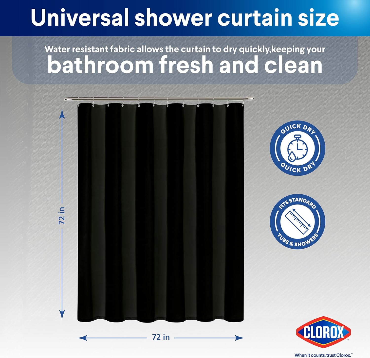 CLOROX 2-in-1 Shower Curtain Liner 72x72 Black Durable Water Resistant