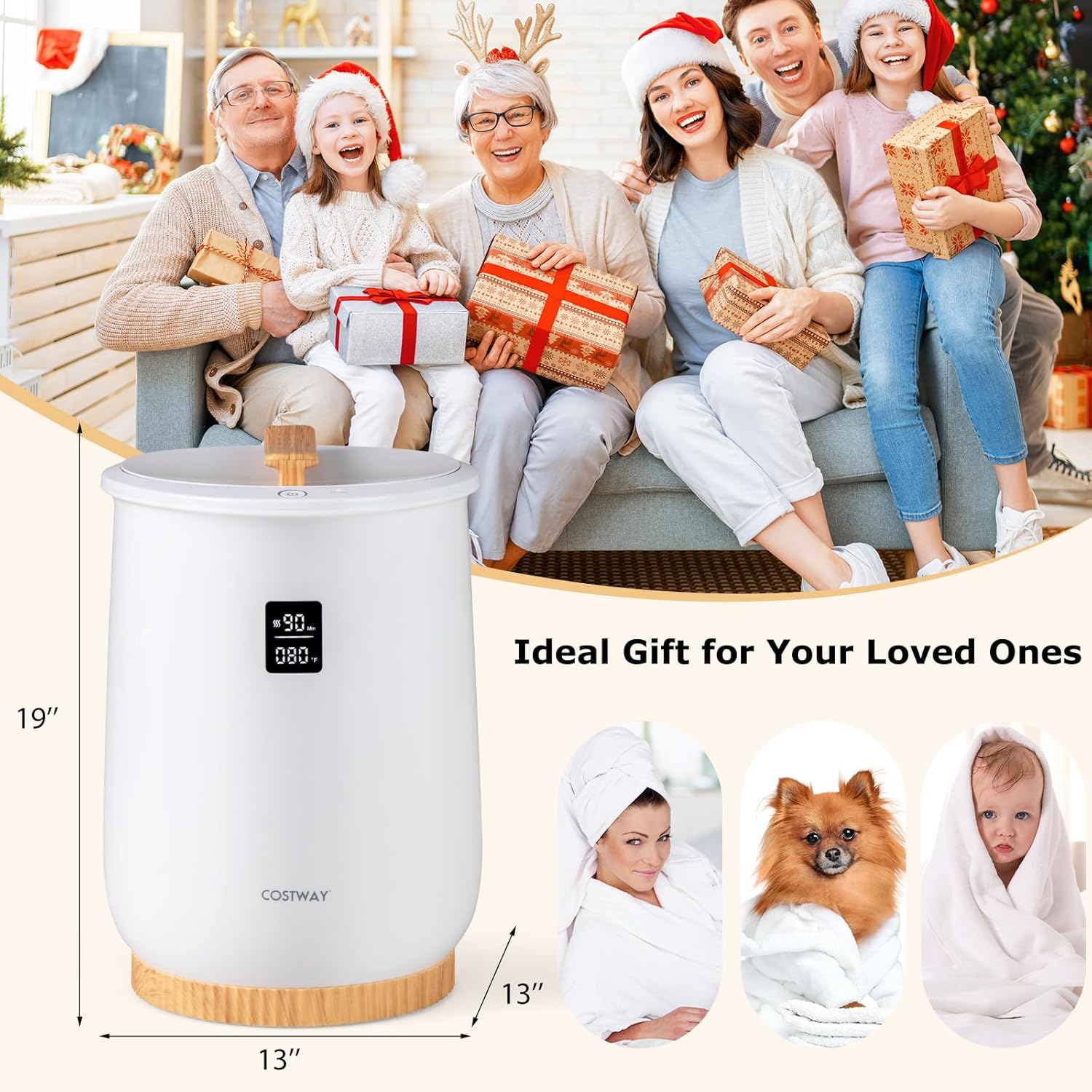 COSTWAY Bucket Style Towel Warmer with LED Display and Child Safety Lock White