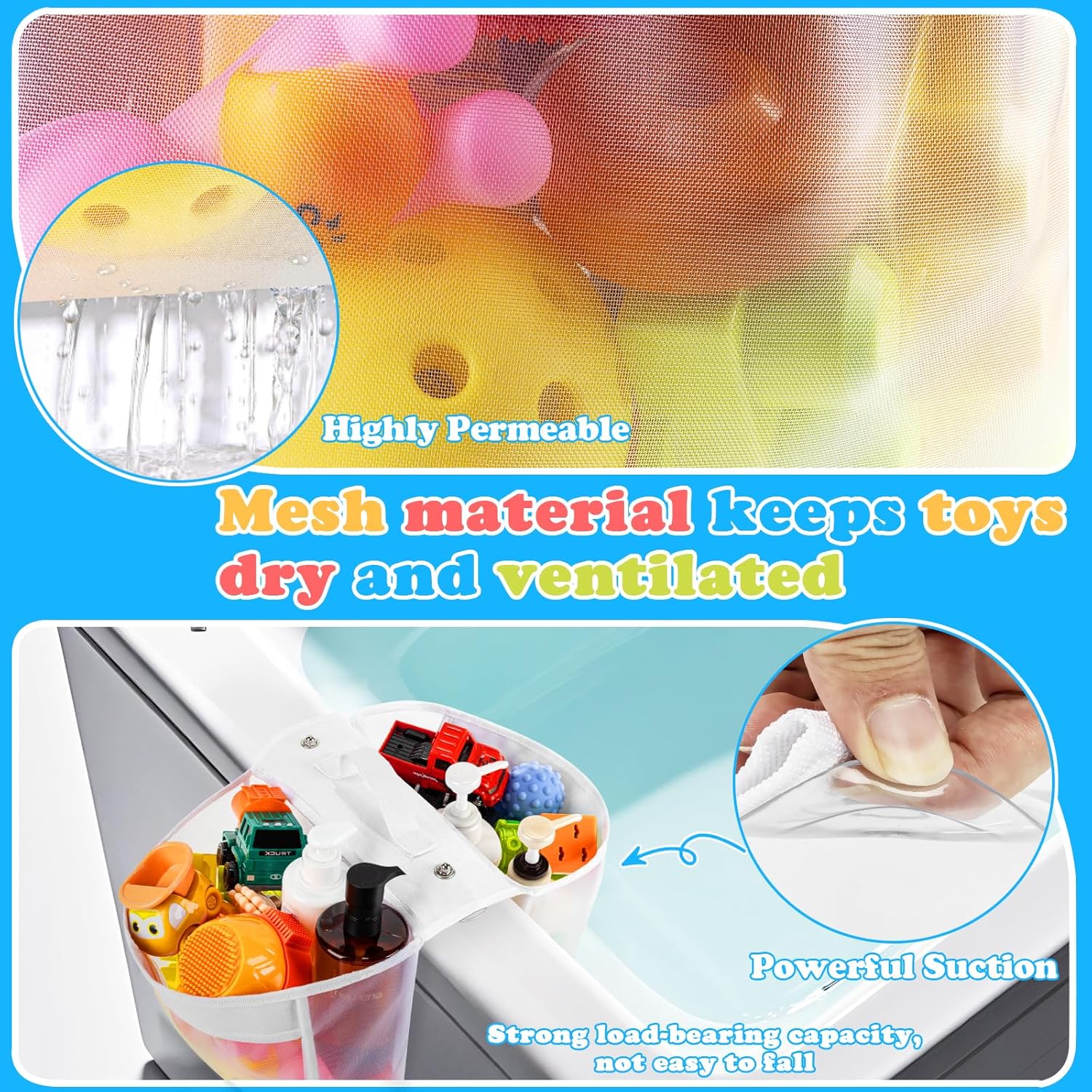 Playexen Bath Toy Organizer with Suction Cups and Handle