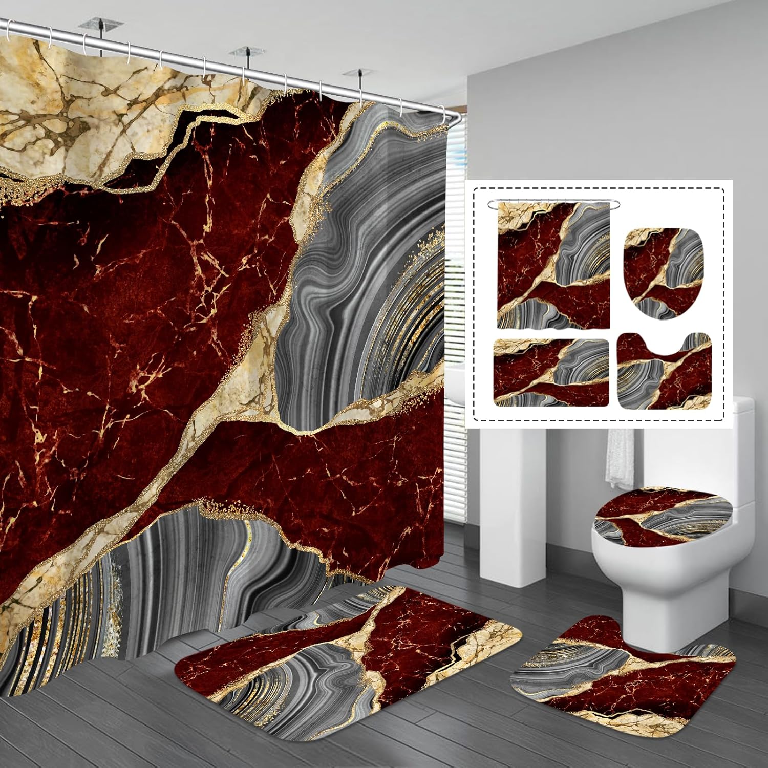 Gibelle 4 Pcs Marble Shower Curtain Set