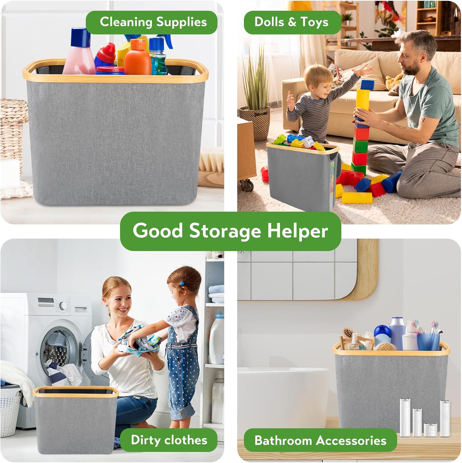 Toilet Paper Storage Basket - 9 Rolls Capacity - Bamboo Holder - Grey