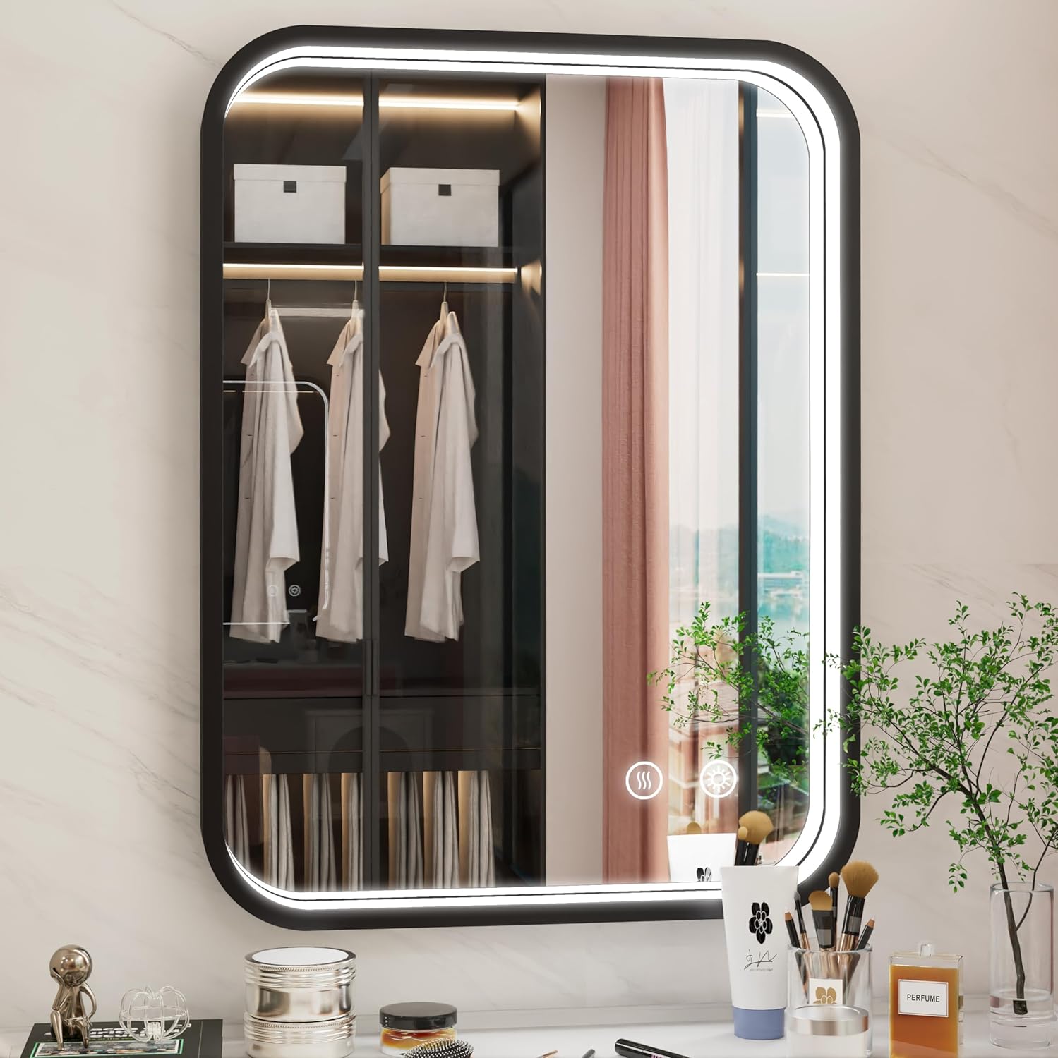 24x32 Inch Dimmable LED Mirror with Anti-Fog and Frame