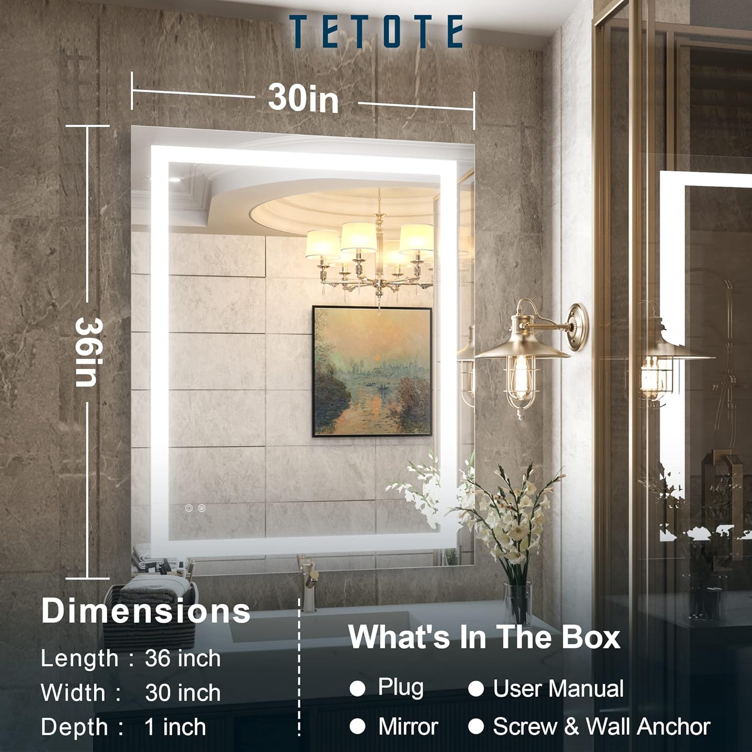 TETOTE 30x36 LED Vanity Mirror with Dimmable Lights and Anti-Fog Function