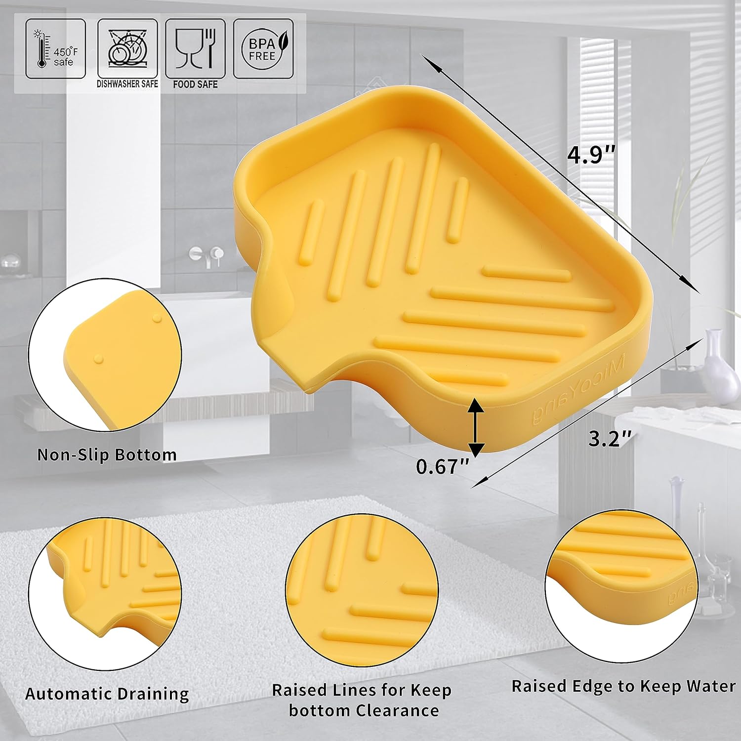 MicoYang Silicone Soap Dish with Drain Spout - Yellow 4932