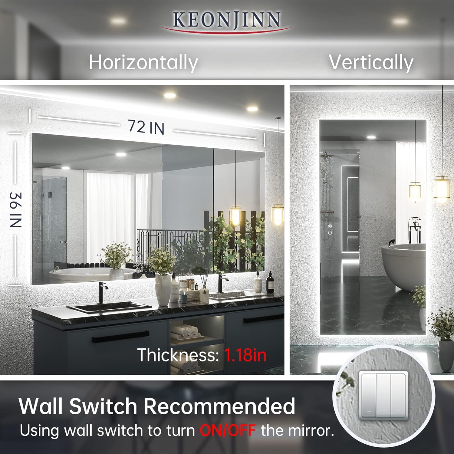 Keonjinn 72 x 36 Inch Backlit LED Mirror with Acrylic Light Strips