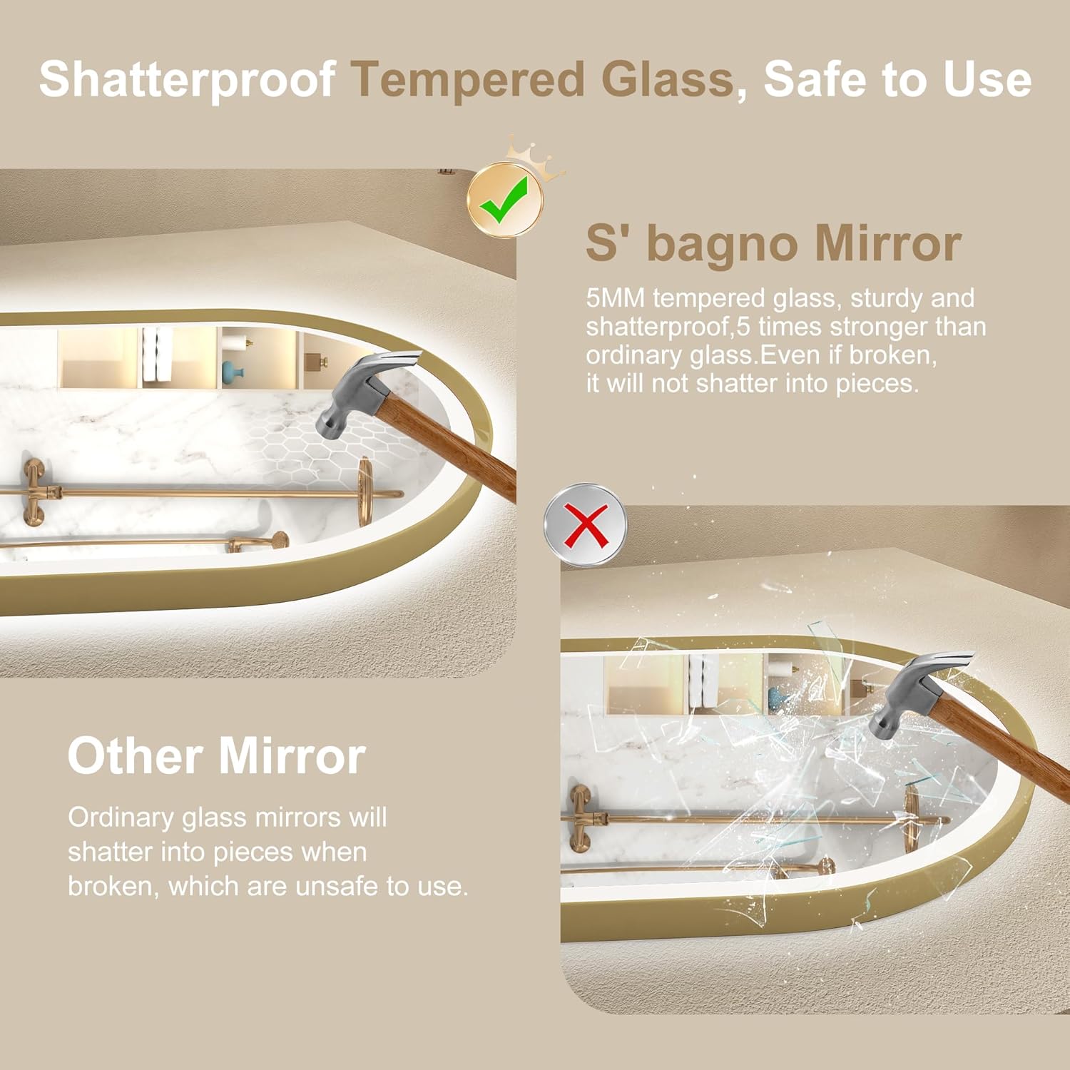 Sbagno 24x36 Arched Gold LED Mirror