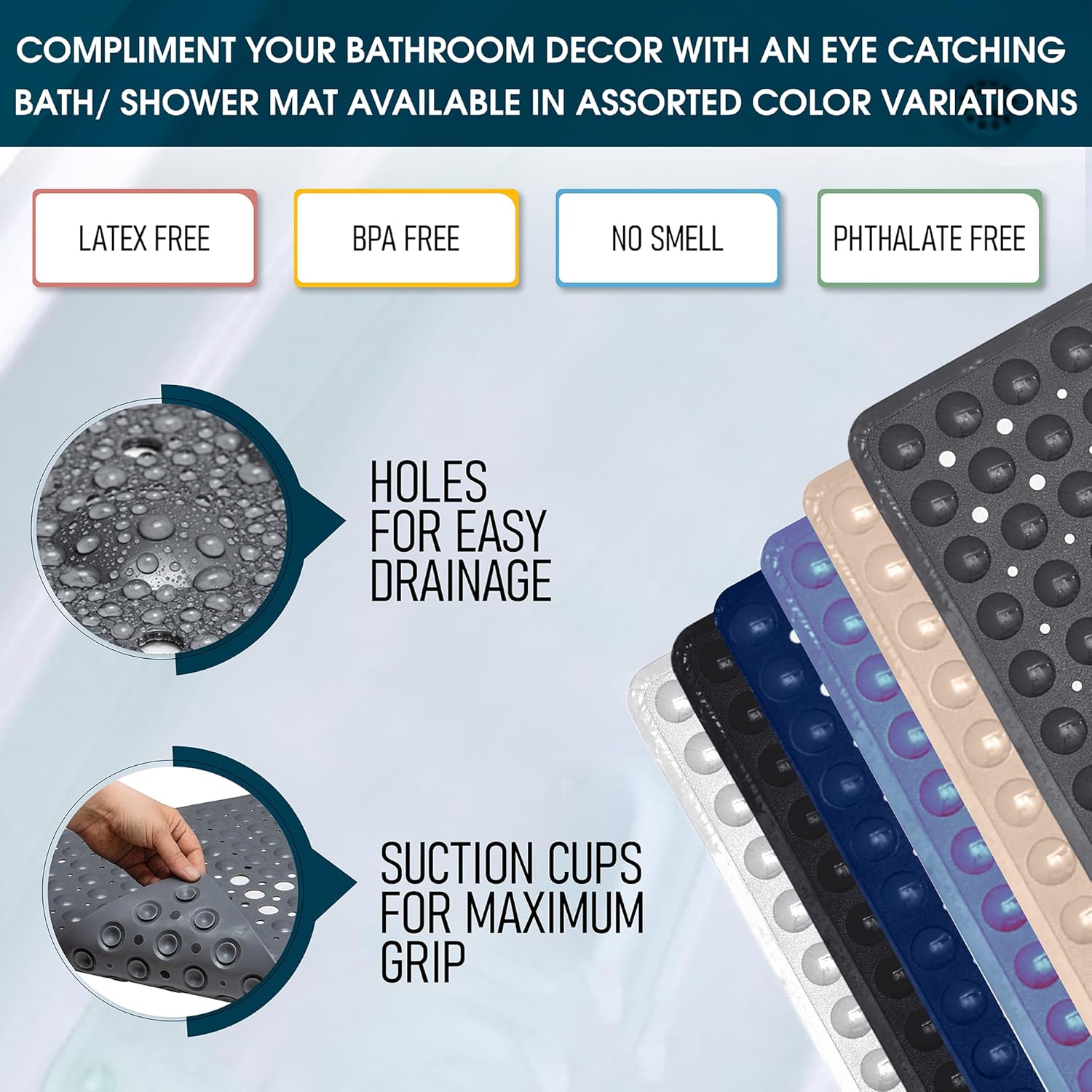 ENKOSI Square Shower Mat Non Slip 21x21 Clear with Drain Hole 1
