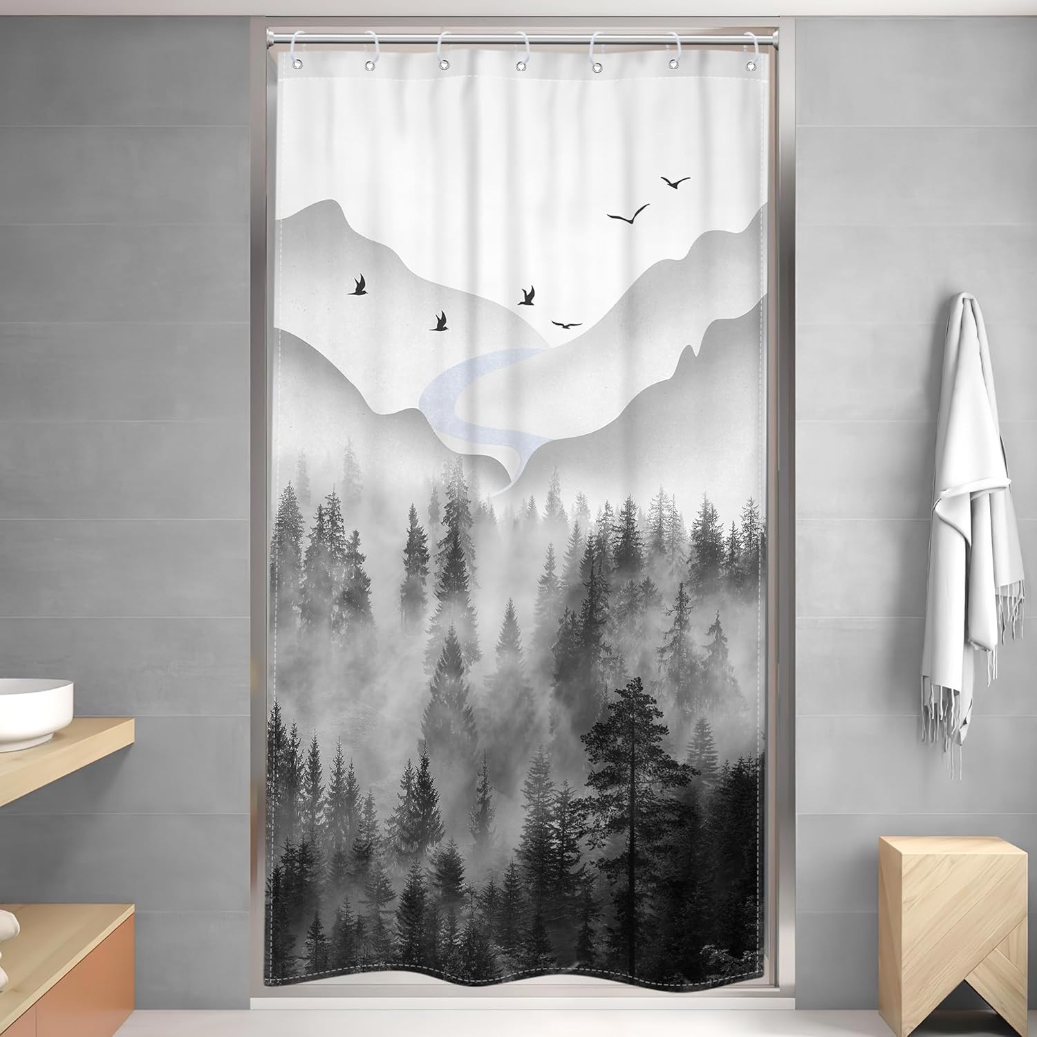 Riyidecor Misty Rainforest Shower Curtain 7 Pack Hooks