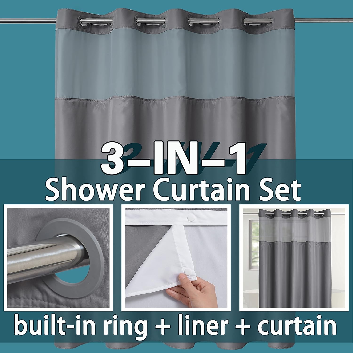 Conbo Mio Grey Shower Curtain Liner with Snap In Design