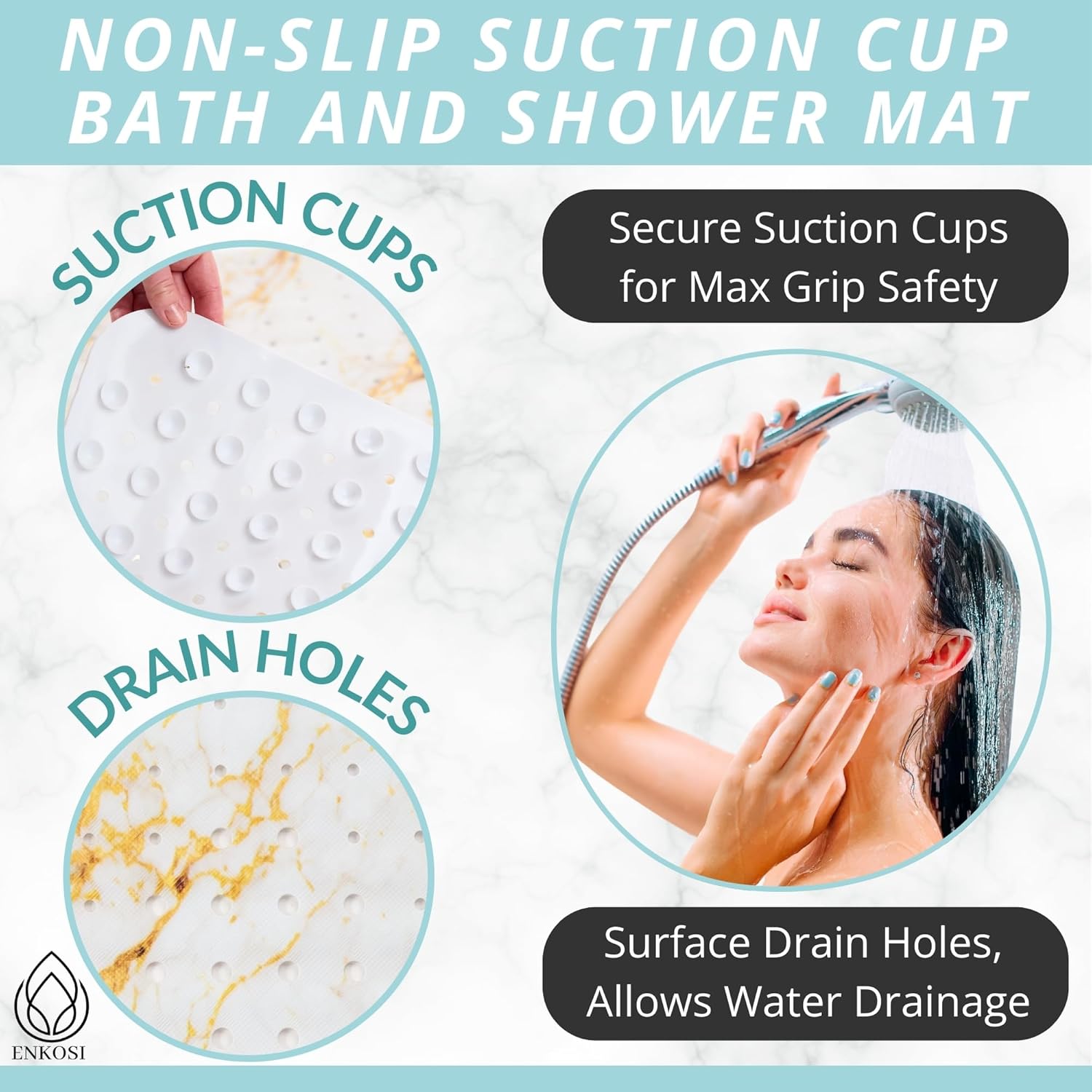 Non-Slip Bath Mat with Suction Cups - 40x16 Marble White Gold